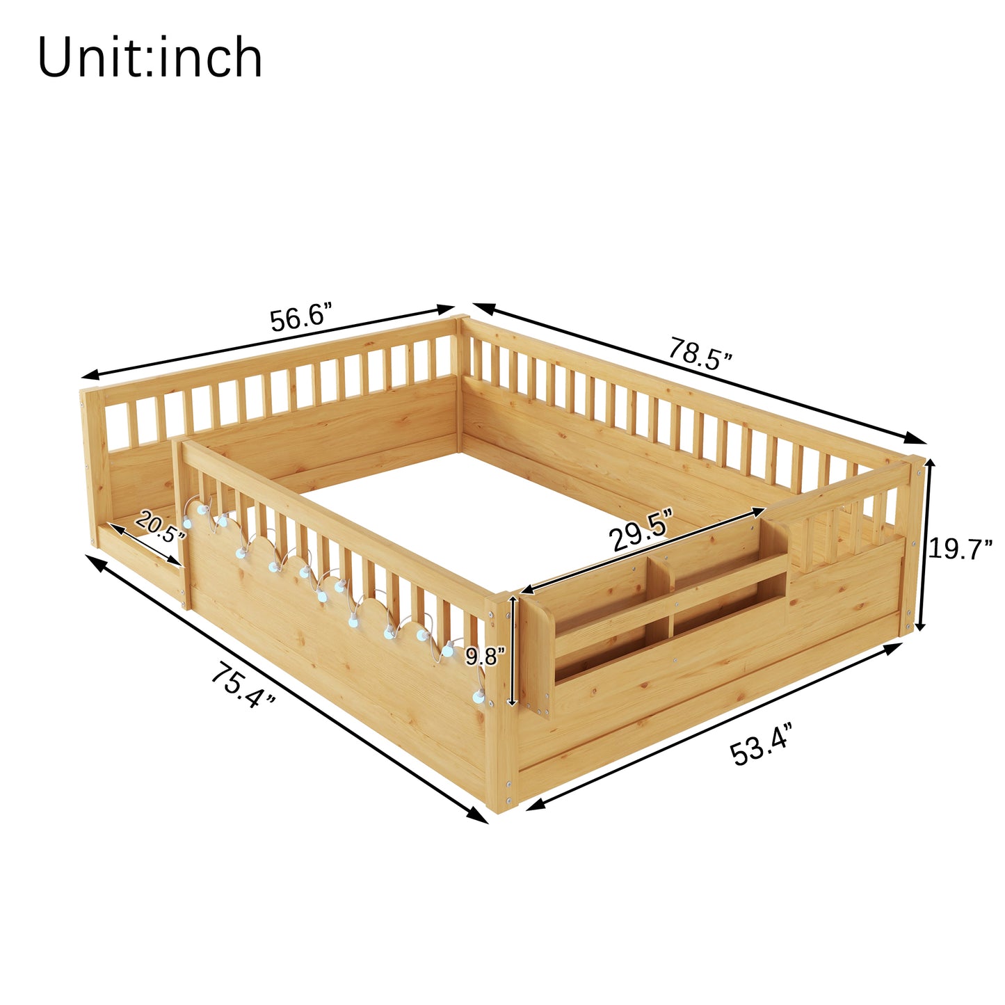 Mirightone™  Montessori Floor Bed Frame with High Rails, Wood Kids Floor Beds with Light and Storage Shelf