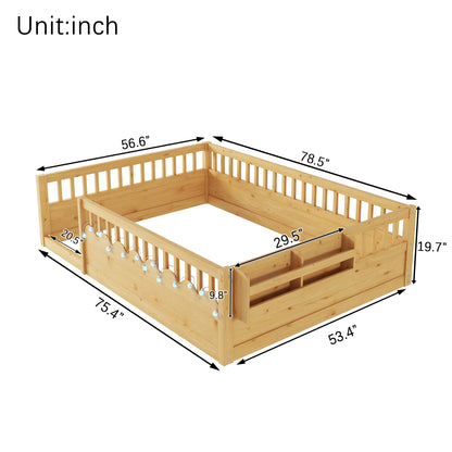 Mirightone™  Montessori Floor Bed Frame with High Rails, Wood Kids Floor Beds with Light and Storage Shelf