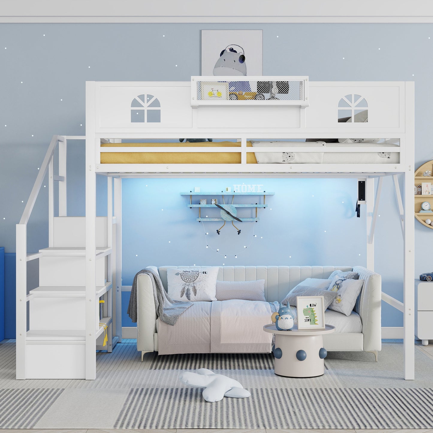 Loft Bed with Stairs and StorageShelf with TallGuardrails, High Loft Beds with Wardrobe, LEDLight & USB for Teens Adults