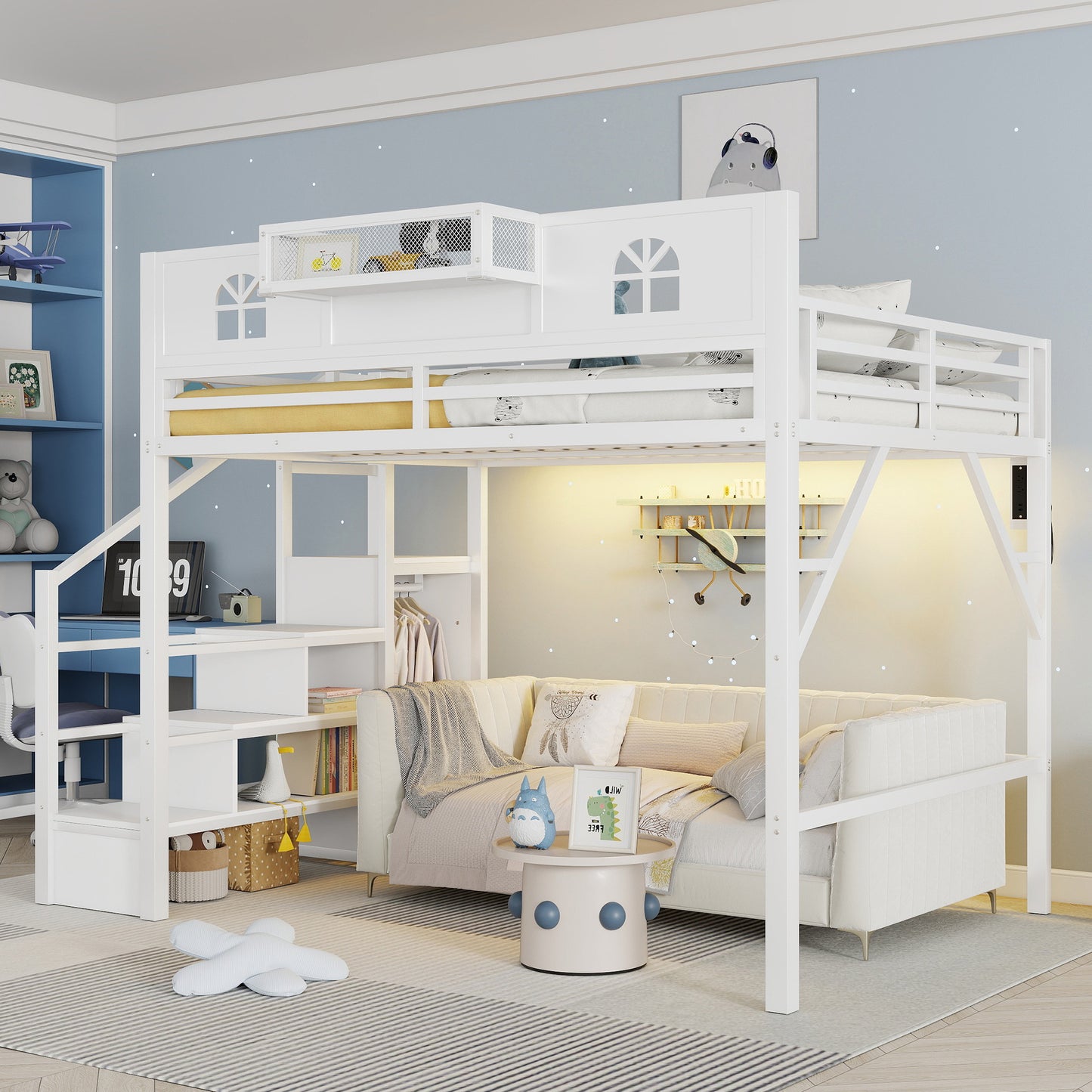 Loft Bed with Stairs and StorageShelf with TallGuardrails, High Loft Beds with Wardrobe, LEDLight & USB for Teens Adults