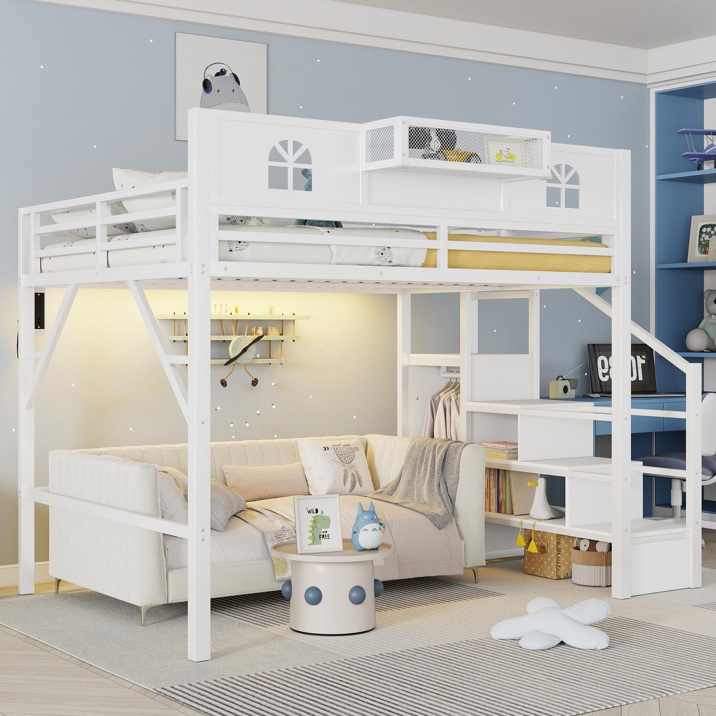 Loft Bed with Stairs and StorageShelf with TallGuardrails, High Loft Beds with Wardrobe, LEDLight & USB for Teens Adults
