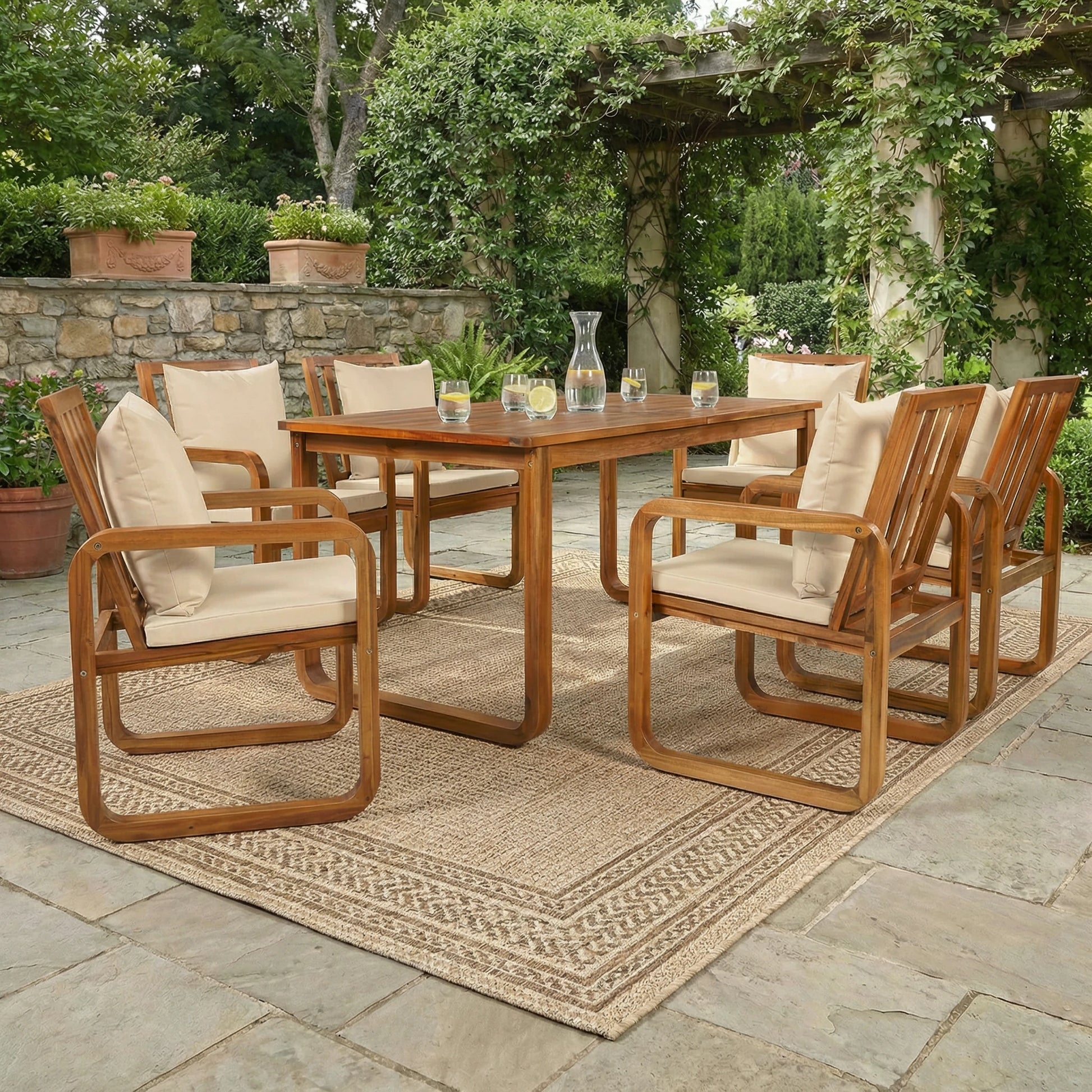Acaciawoodpatiodiningsetwithcushionedchairsinagardenpergolasetting_featuringaspaciousoutdoortableidealforbackyarddining_gatherings_andoutdoorentertaining._97f69049-05fd-410c-bf6f-765ab522a057