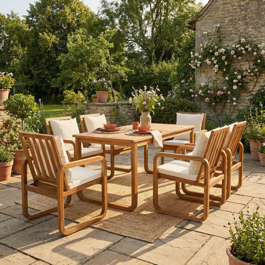 Acaciawoodpatiodiningsetwithcushionedchairsinasunlitgardensetting_featuringaspaciouswoodentableforoutdoordining_backyardgatherings_andrelaxingpatiomeals._a6e812d7-72f6-4abe-8f2c-407f8addaf92