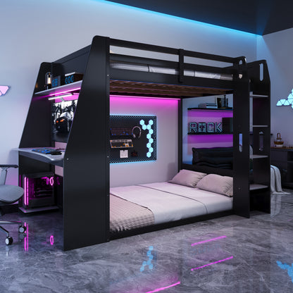 Mirightone™ Wood Bunk Bed with Gaming Desk and Storage Shelf, Gaming Bunk Bed with LED Light & Charging for Gamer Adults