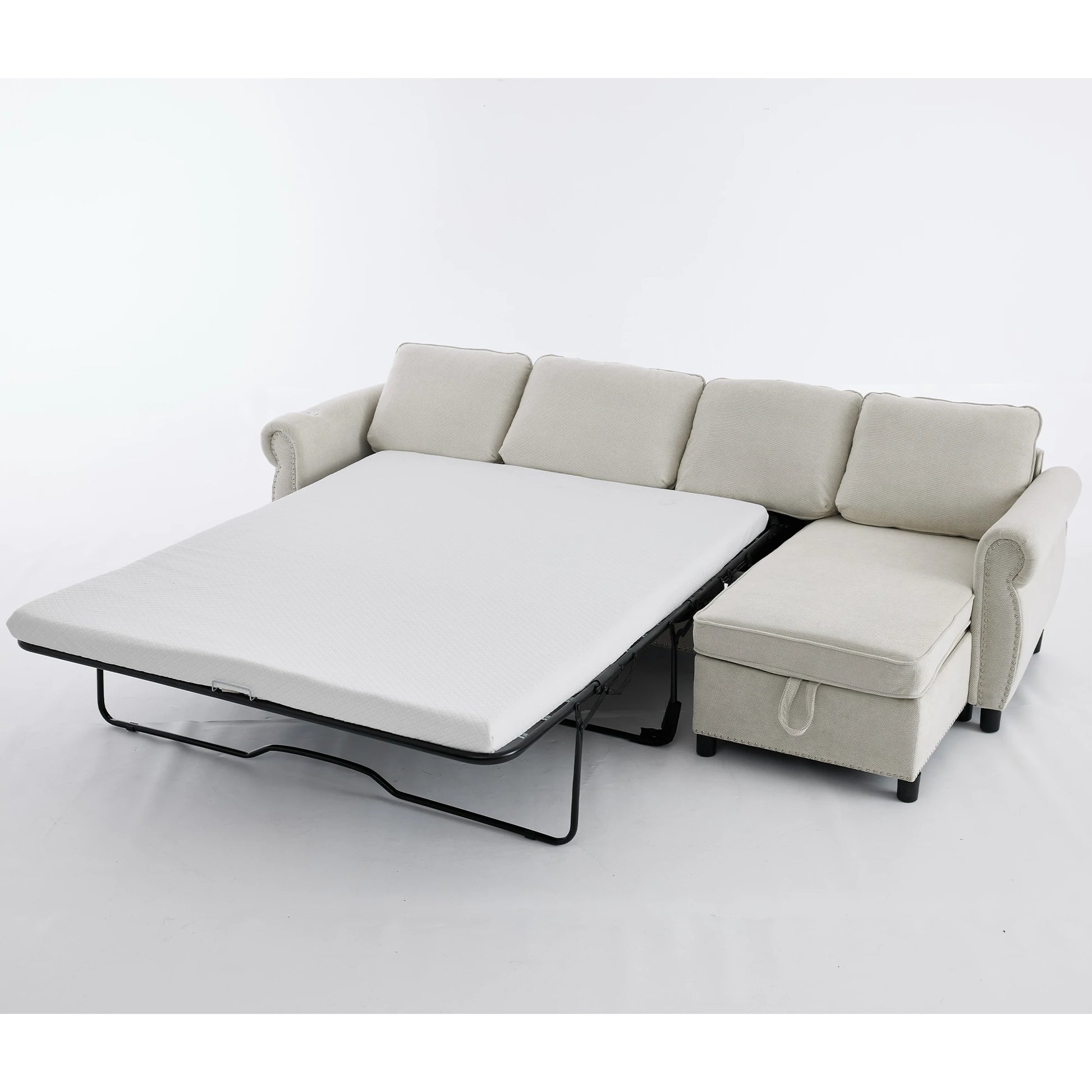 Beigepull-outsleepersectionalsofabedshownatanangleonwhitebackground