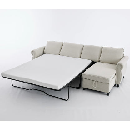 Beigepull-outsleepersectionalsofabedshownatanangleonwhitebackground