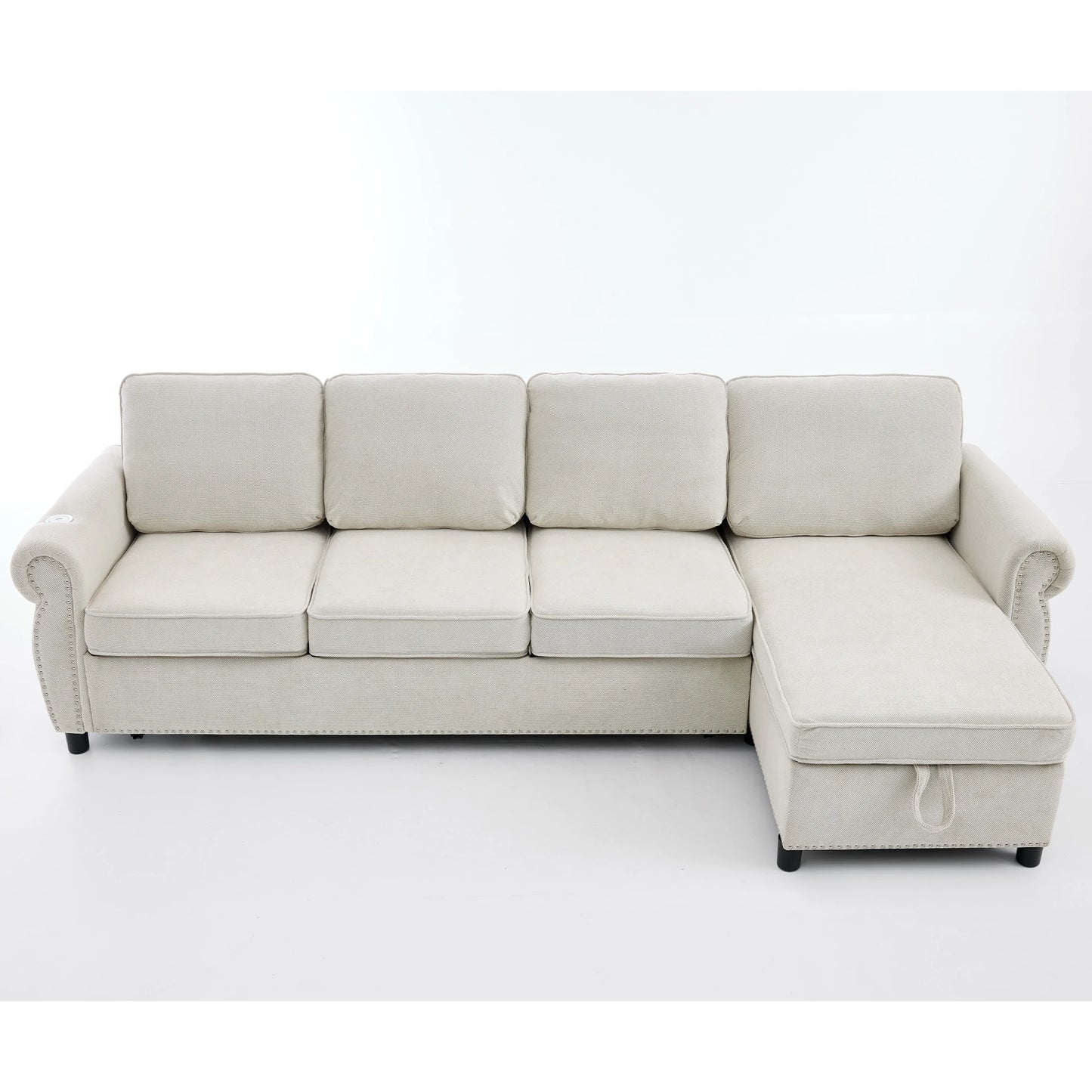 Beigesectionalsleepersofaconvertedintoapull-outbedonwhitebackground