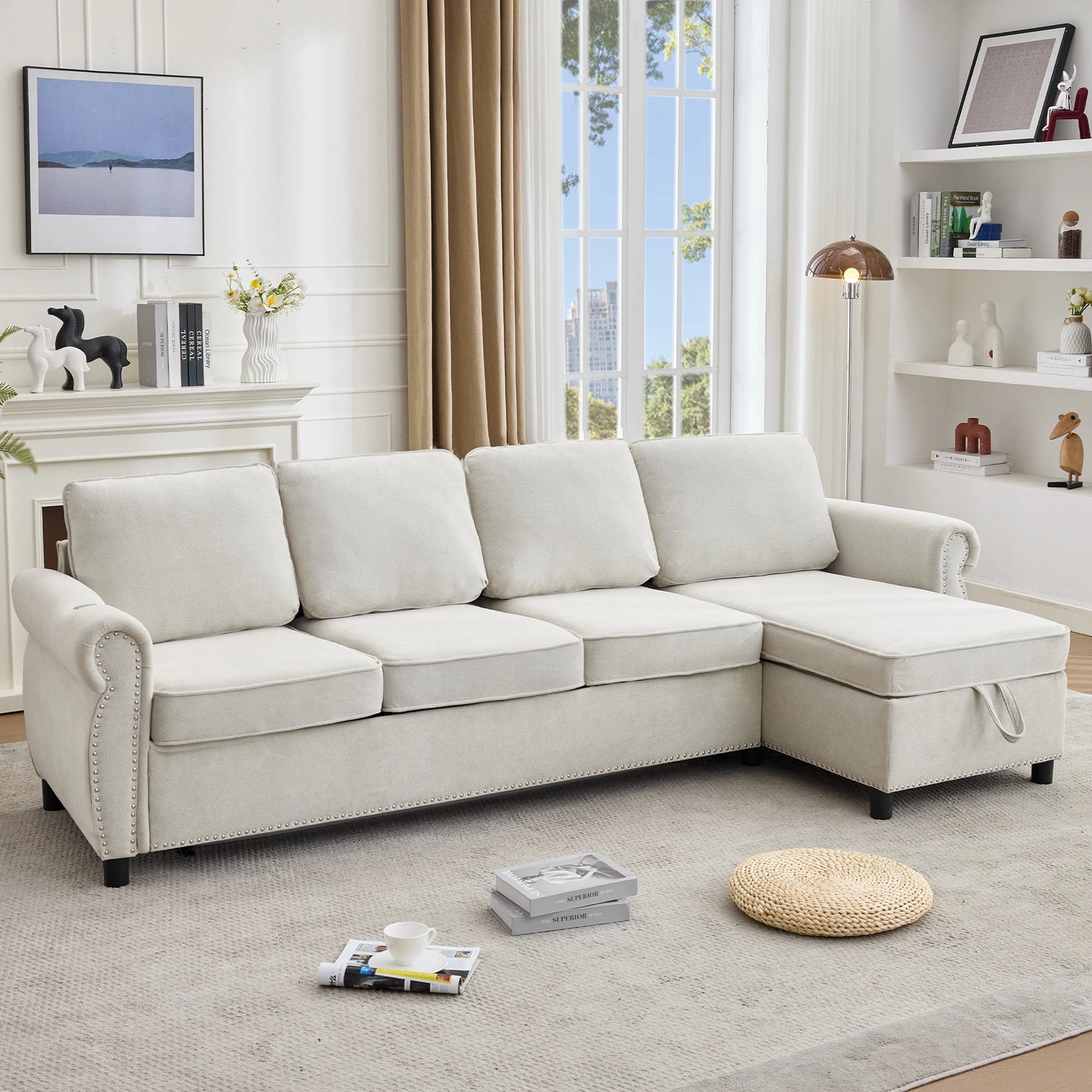 Beigesectionalsofawithchaiseloungeinabrightmodernlivingroom