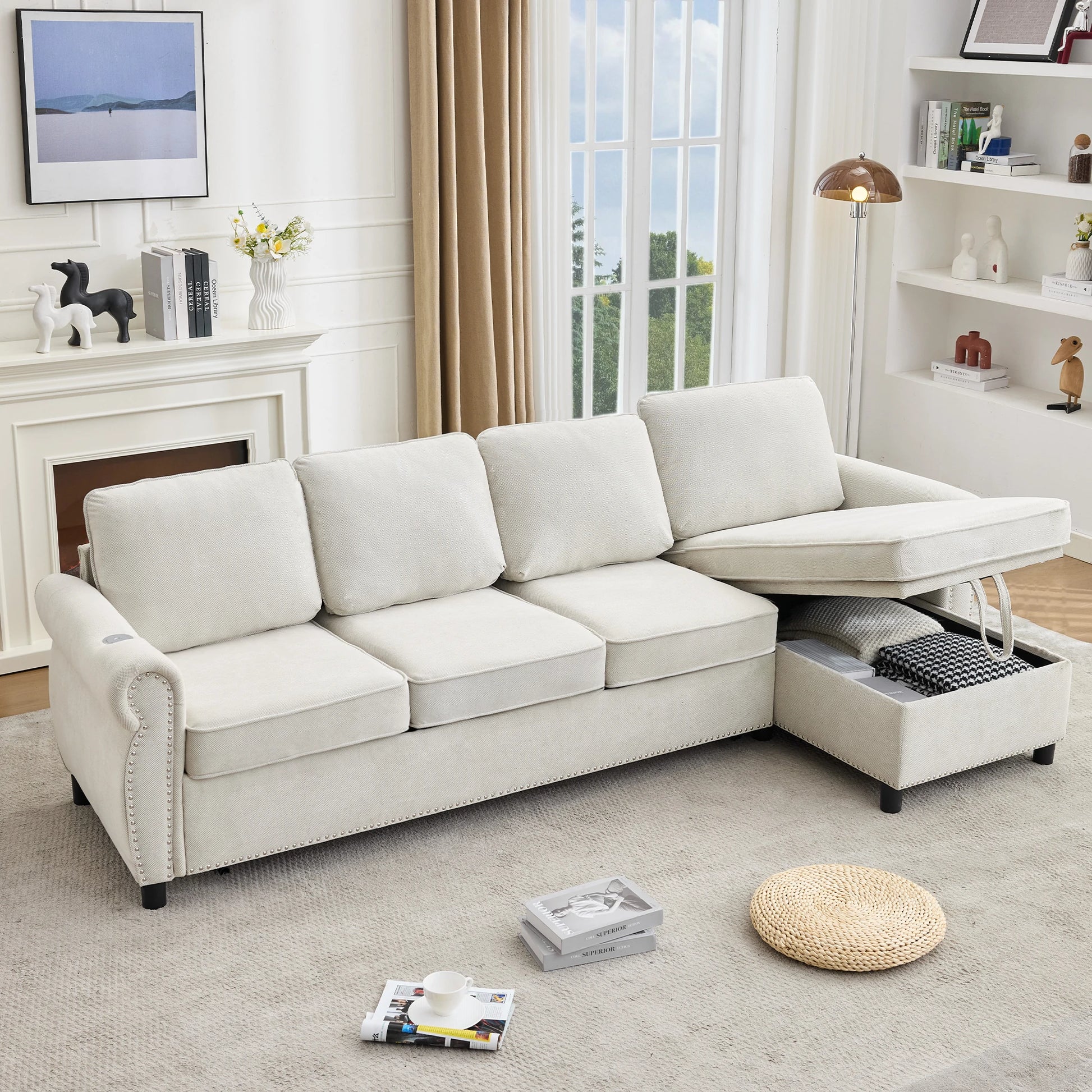 Beigesectionalsofawithopenstoragechaiseinabrightmodernlivingroom