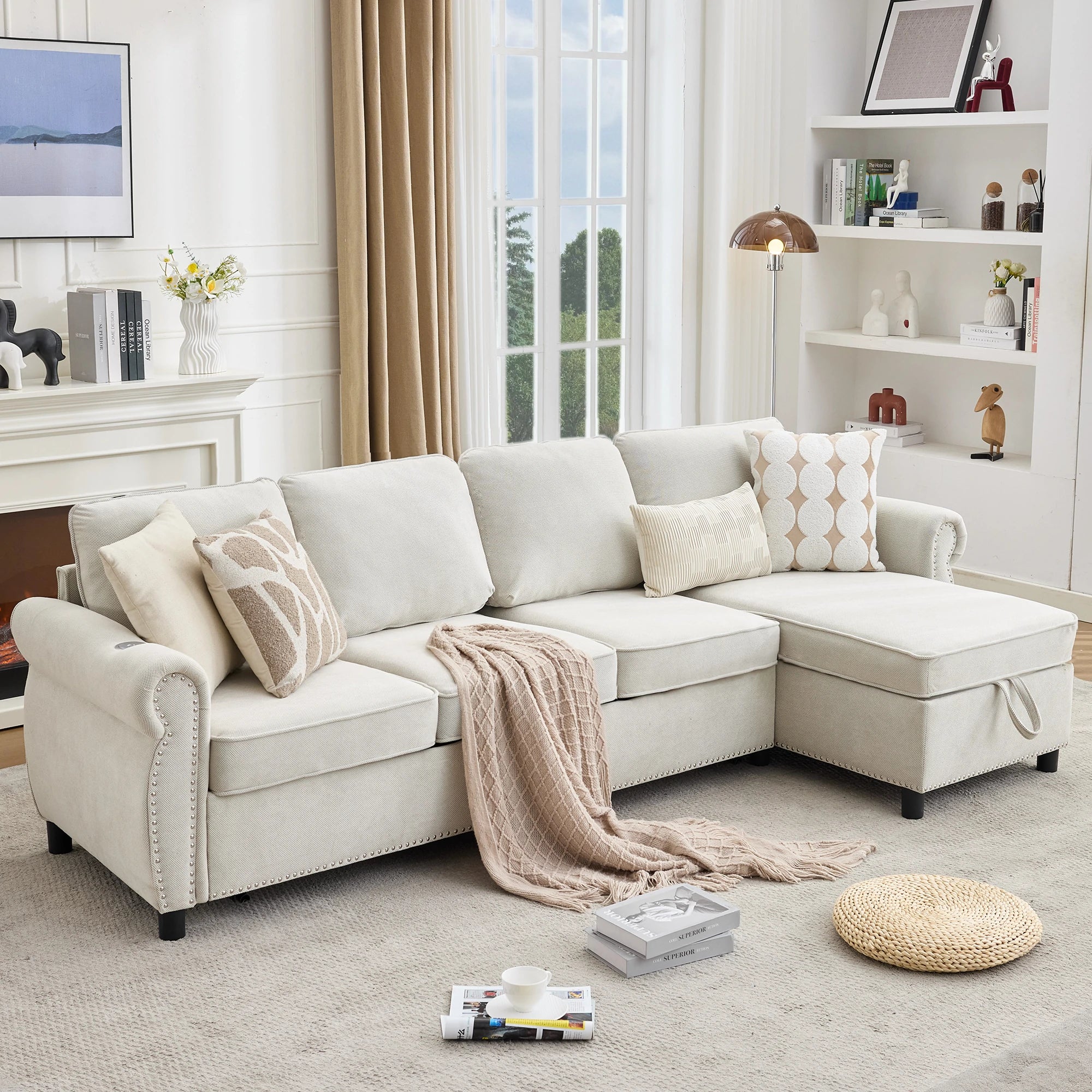 Beigesectionalsofawithstoragechaiseandrolledarmsinabrightmodernlivingroom