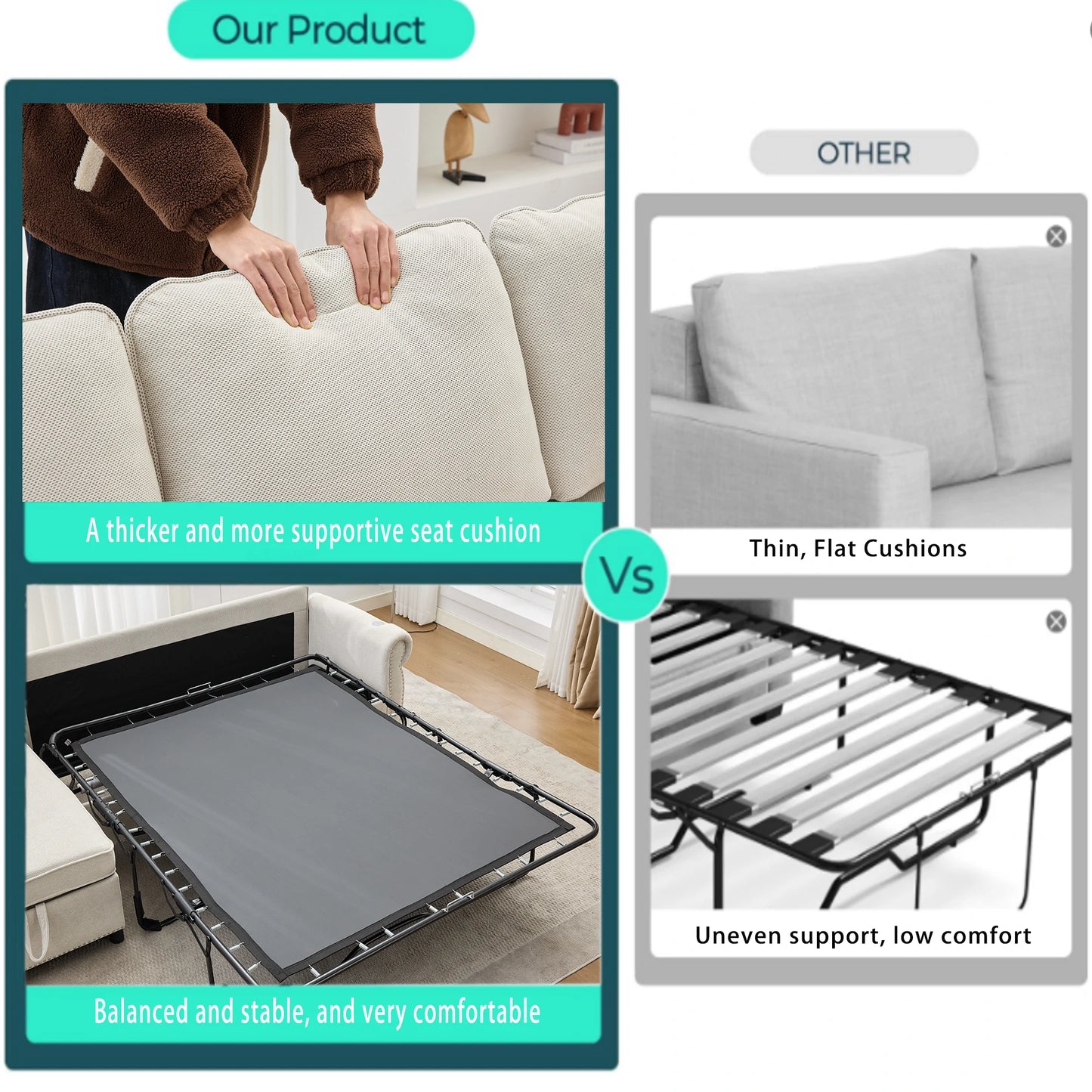 Beigesleepersofawiththickerseatcushionsandstablesleeperframecomparedwiththinflatcushionsandunevensupport