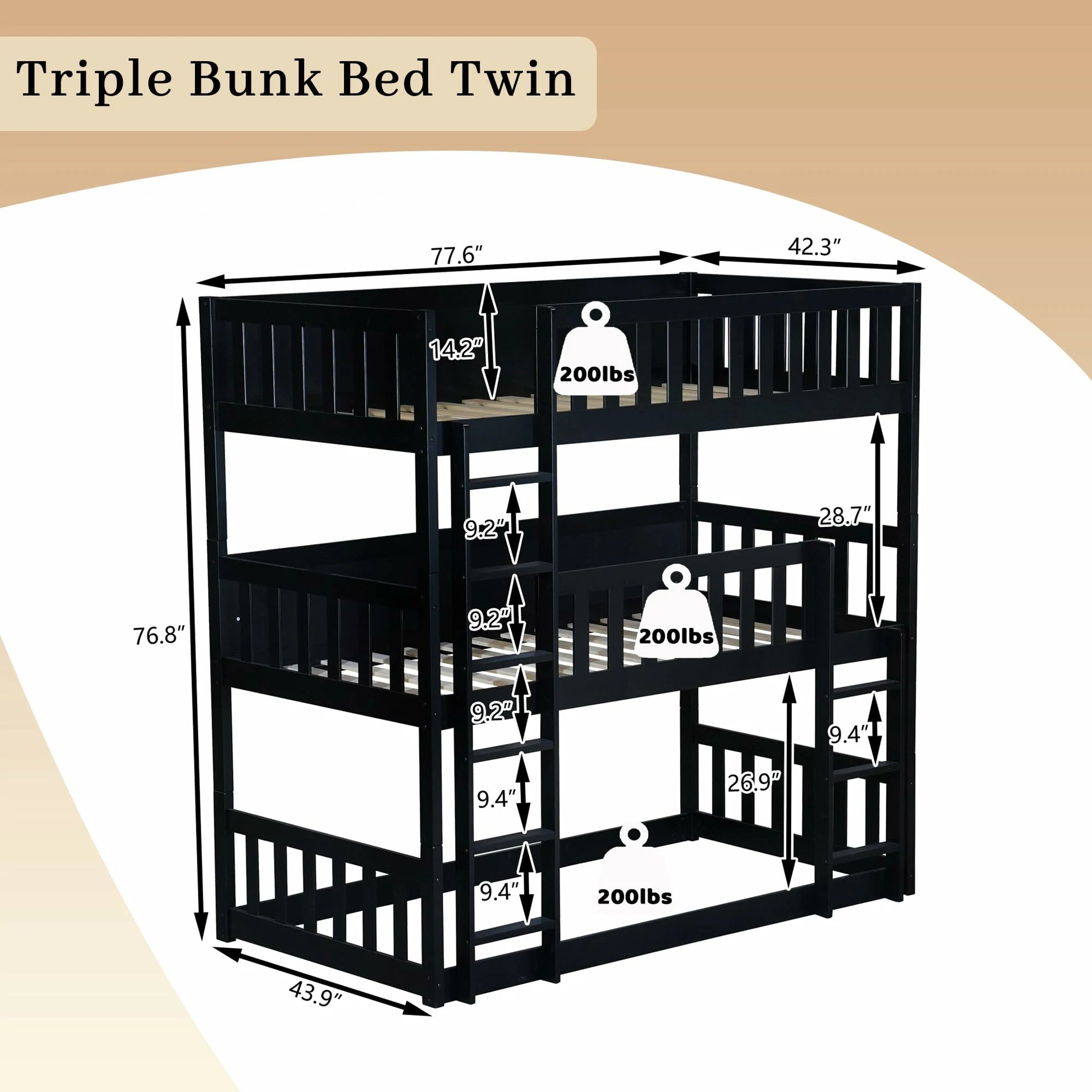 Black_triple_bunk_bed_twin_size_chart_with_ladders_and_guardrails