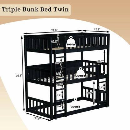 Black_triple_bunk_bed_twin_size_chart_with_ladders_and_guardrails