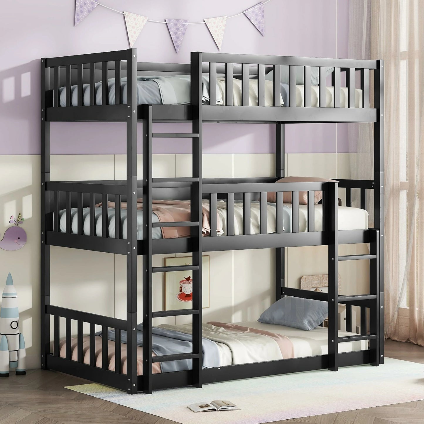 Black_triple_bunk_bed_with_ladders_guardrails_and_rubberwood_frame