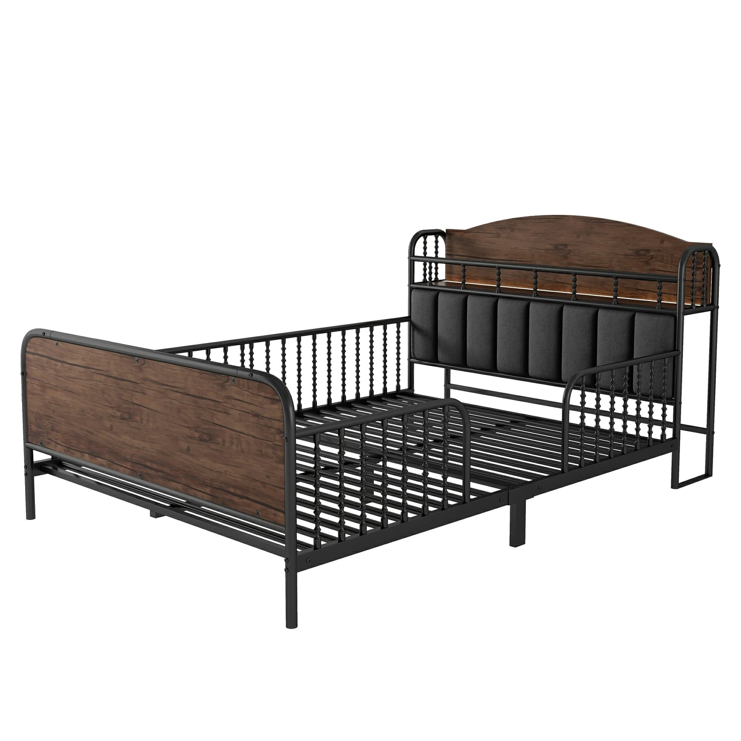 Blackmetalkidstwinbedwithwoodheadboard_upholsteredbackrestandfullsafetyguardrails