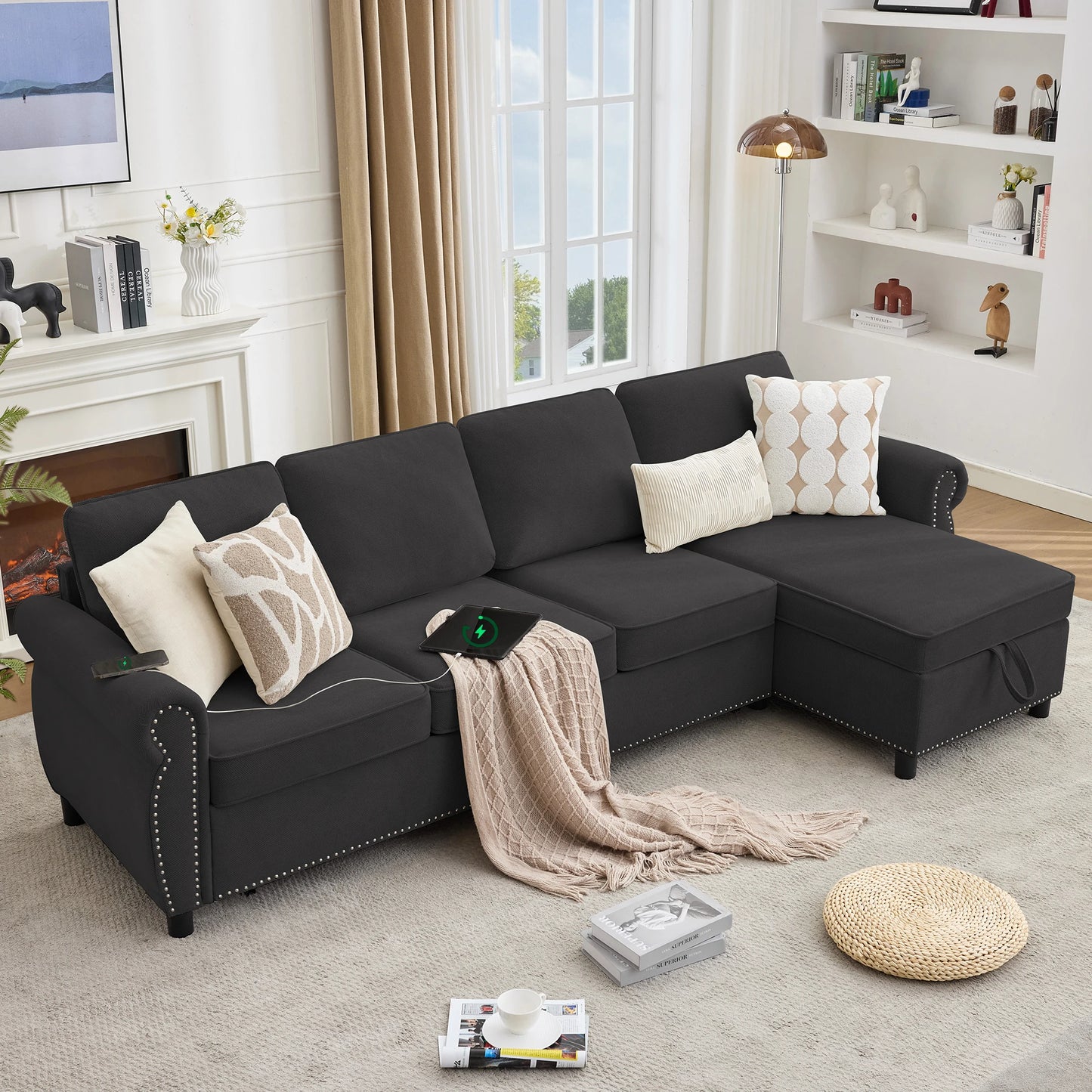 Blacksectionalsofawithstoragechaise_USBcharging_andwirelesscharginginamodernlivingroom