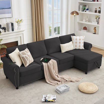 Blacksectionalsofawithstoragechaise_USBcharging_andwirelesscharginginamodernlivingroom