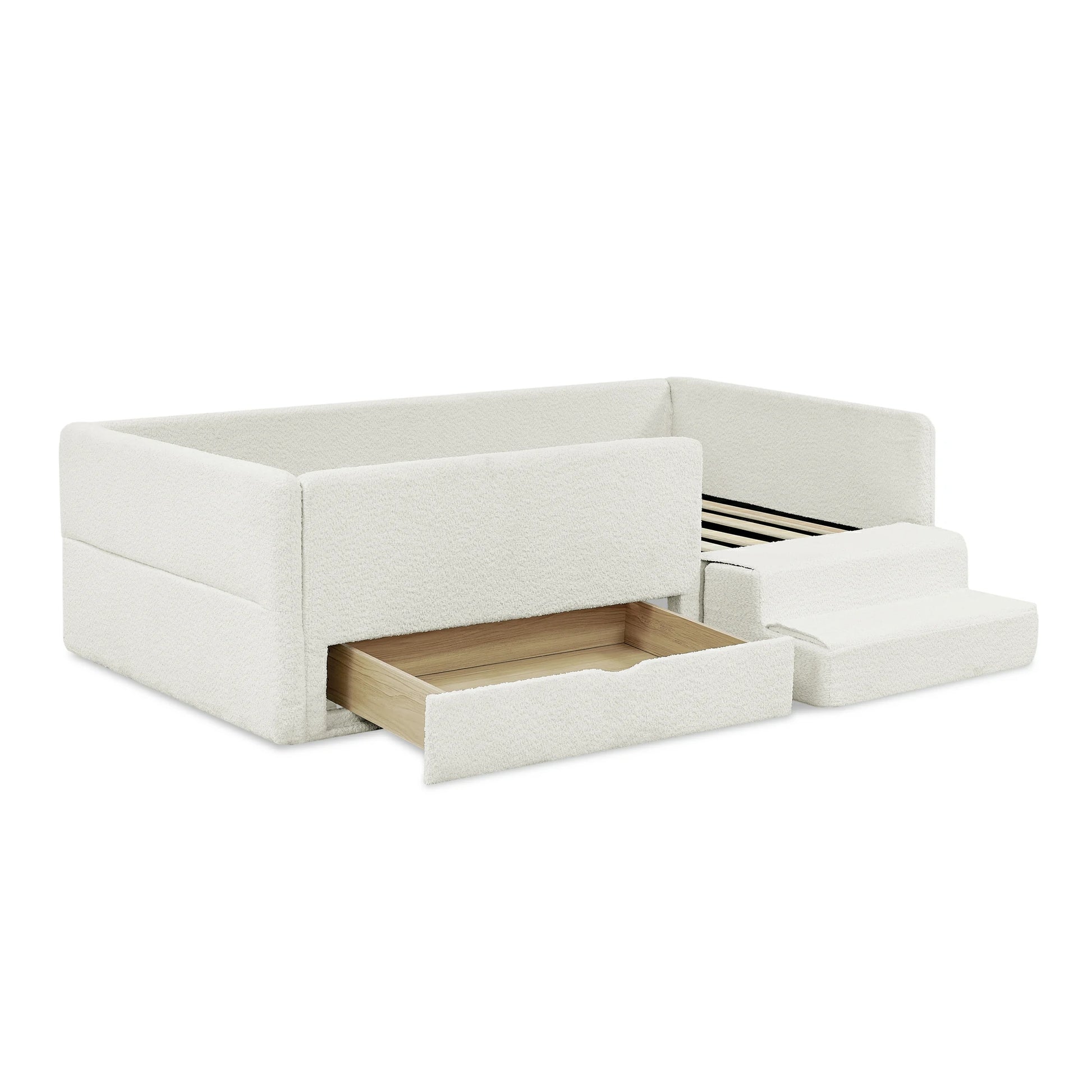 Bouclekidsbedframewithguardrails_storagedrawerandstepstool_modernupholstereddesign