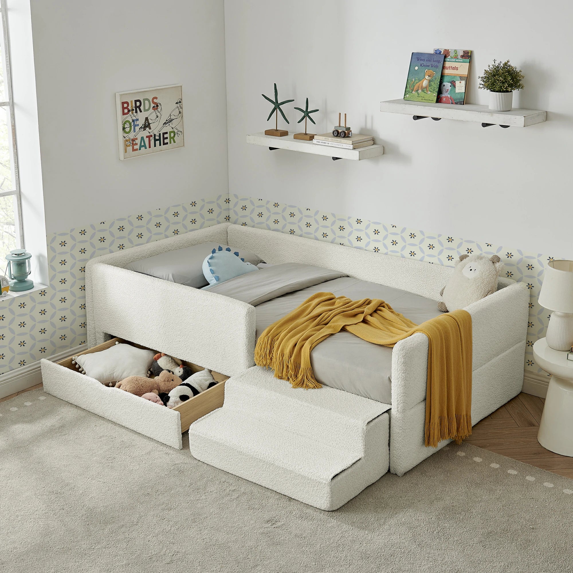 Boucleupholsteredkidsbedwithguardrails_storagedrawerandsoftstepstoolinmodernchildren_sbedroom