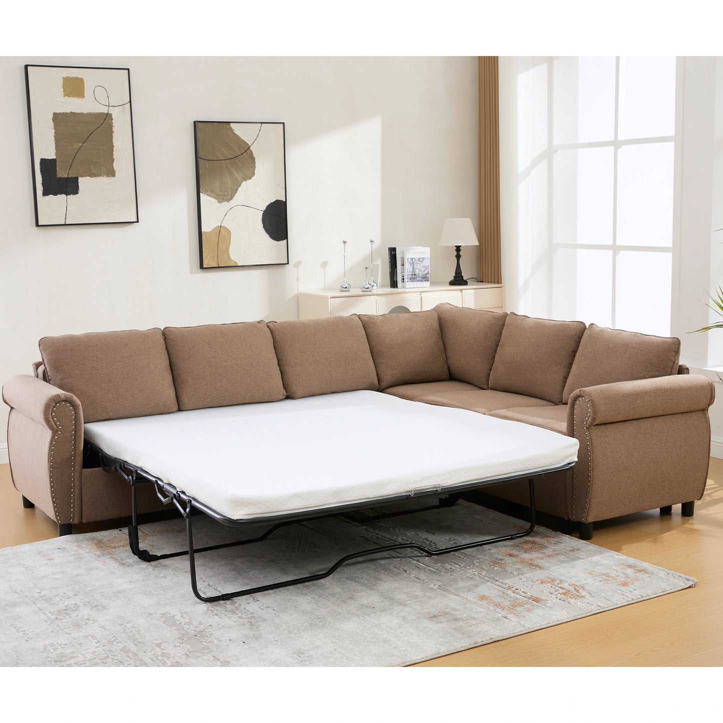 BrownL-shapedsectionalsleepersofaconvertedintoapull-outbedinamodernlivingroom