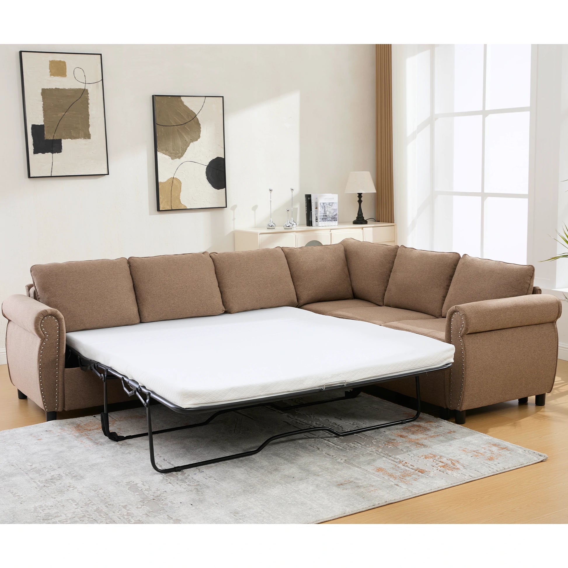 BrownL-shapedsectionalsleepersofaconvertedintoapull-outbedinamodernlivingroom