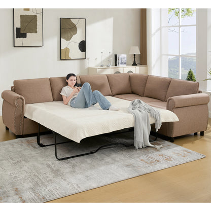Brownsectionalsleepersofabedwithapersonrelaxingonthepull-outbedinamodernlivingroom