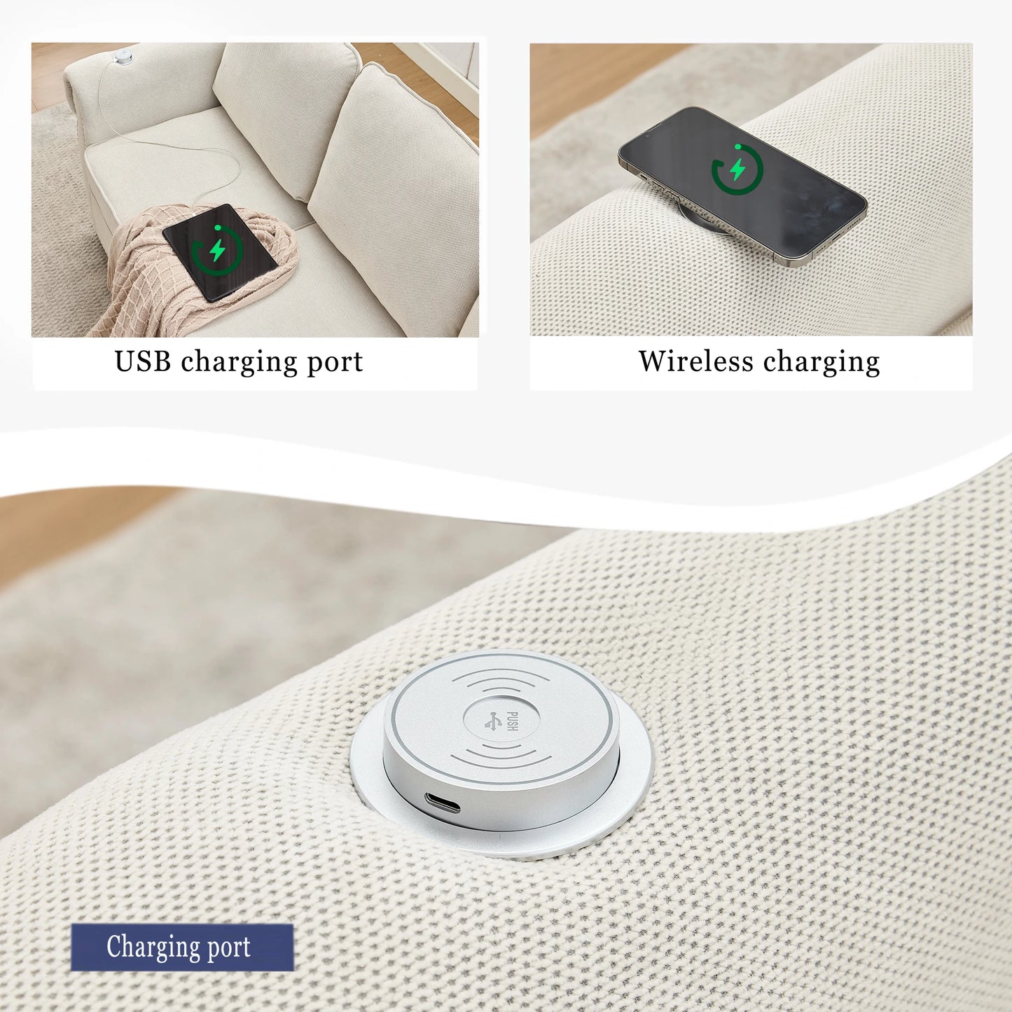Close-upofUSBchargingportandwirelesschargingmoduleonbeigesectionalsofaarmrest