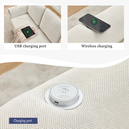 Close-upofUSBchargingportandwirelesschargingmoduleonbeigesectionalsofaarmrest