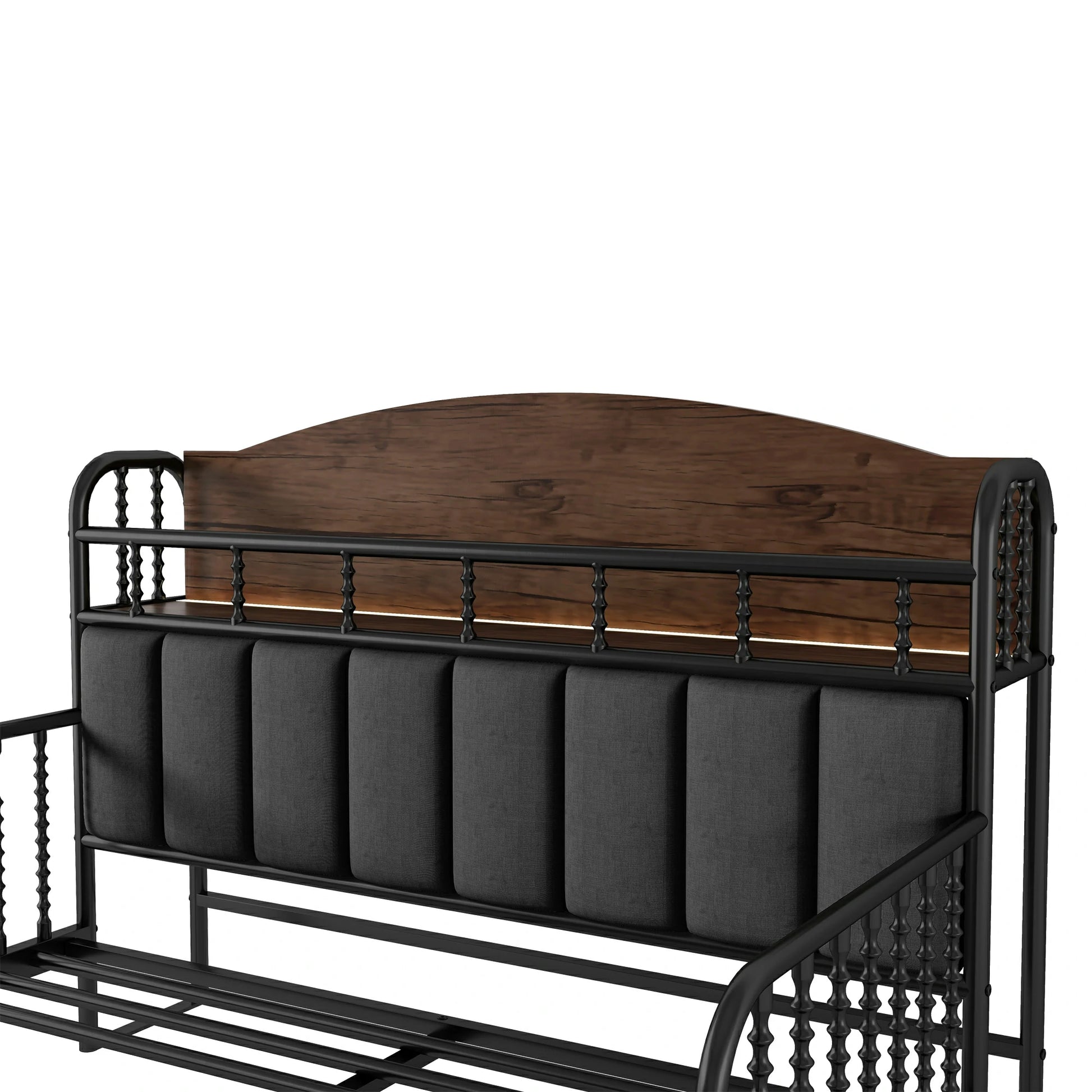 CloseupofkidsbedupholsteredheadboardwithLEDlightandwoodenpaneldesign