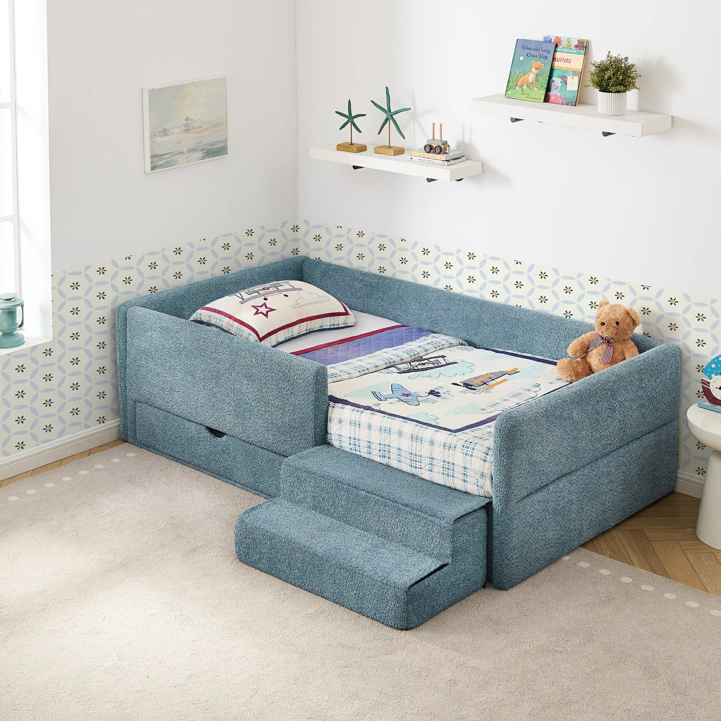 Contemporarykidsbedfeaturingsoftbouclefabric_built-instorage_andstepaccess_blendingcomfortwithmodernaesthetics.