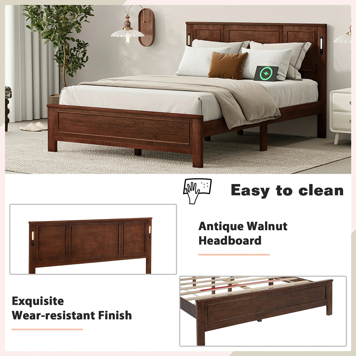 Mirightone™ Queen Size Bed with LED Lights and USB Charging Station