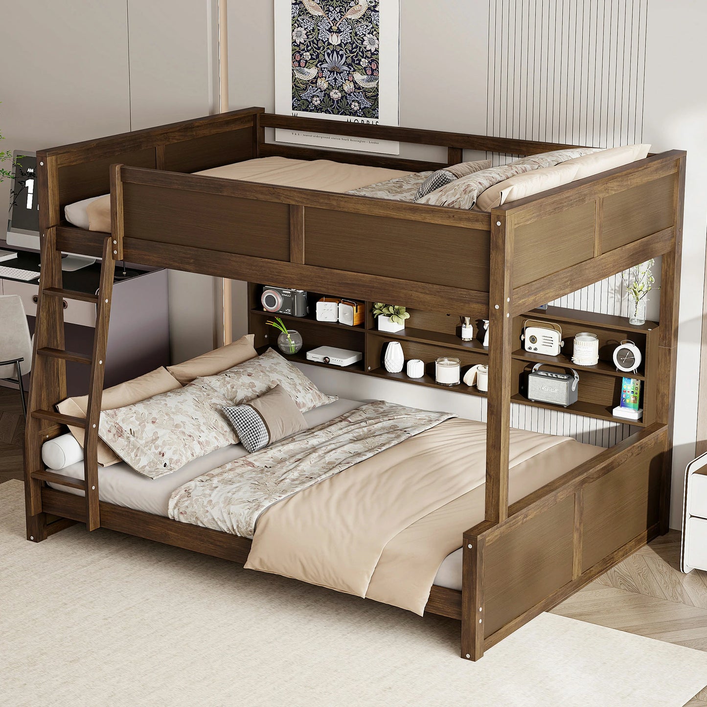Mirightone™ Full XL over Queen Bunk Bed with Storage Cabinets and USB Ports