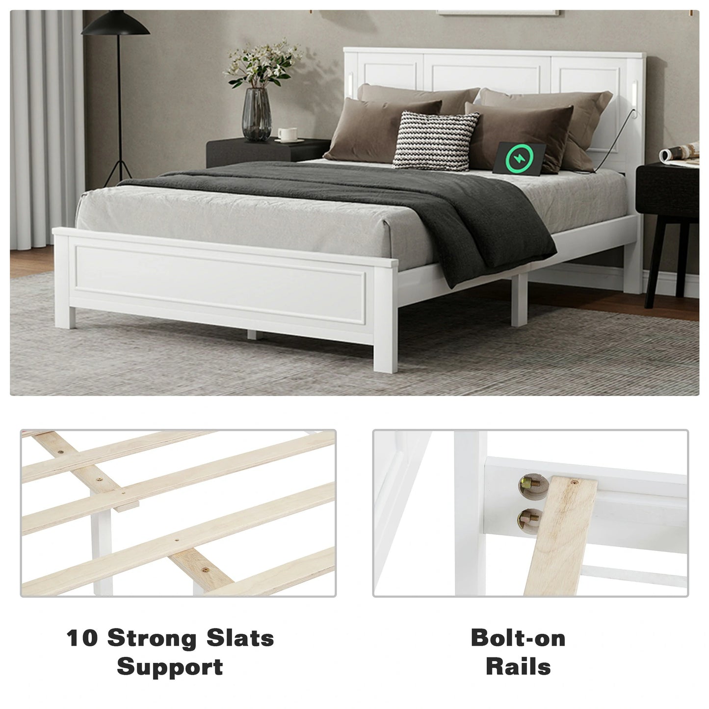 Mirightone™ Queen Size Bed with LED Lights and USB Charging Station
