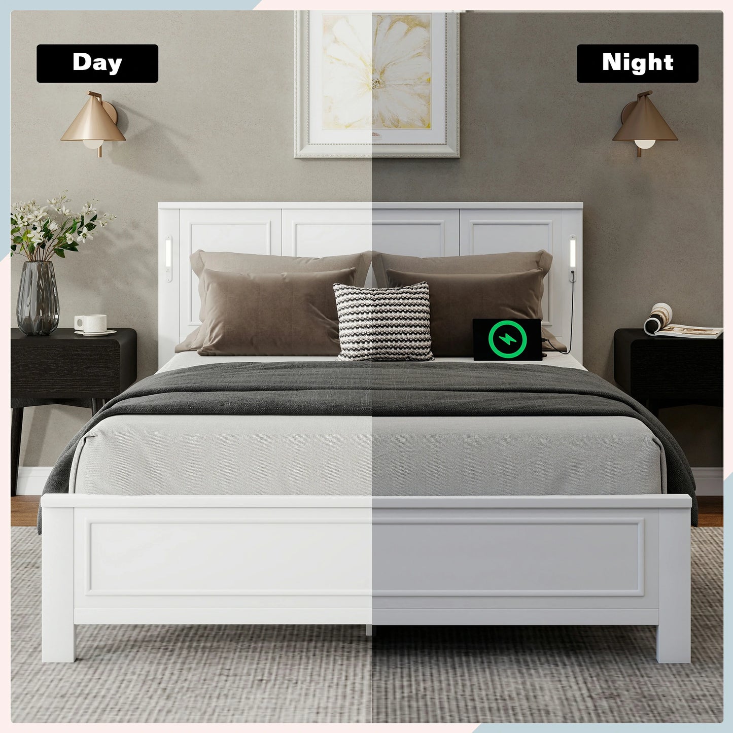 Mirightone™ Queen Size Bed with LED Lights and USB Charging Station
