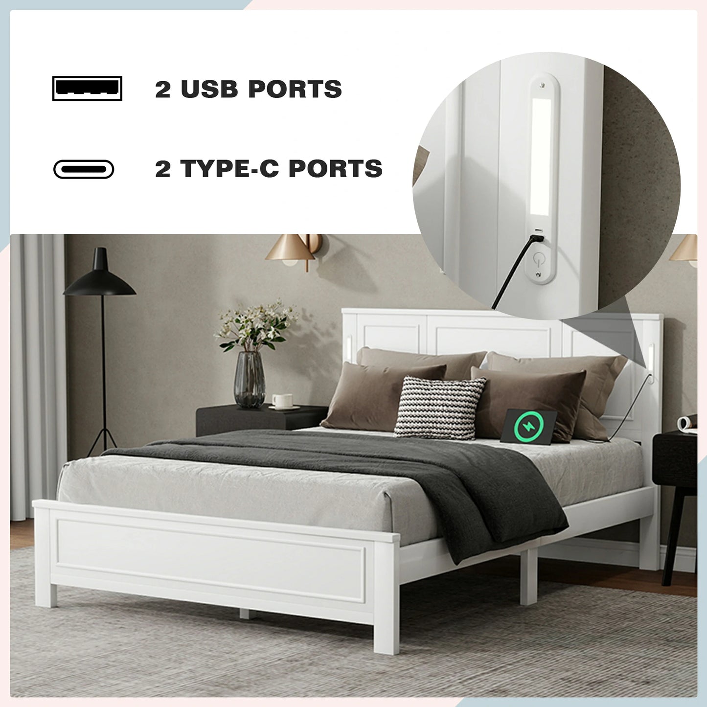 Mirightone™ Queen Size Bed with LED Lights and USB Charging Station