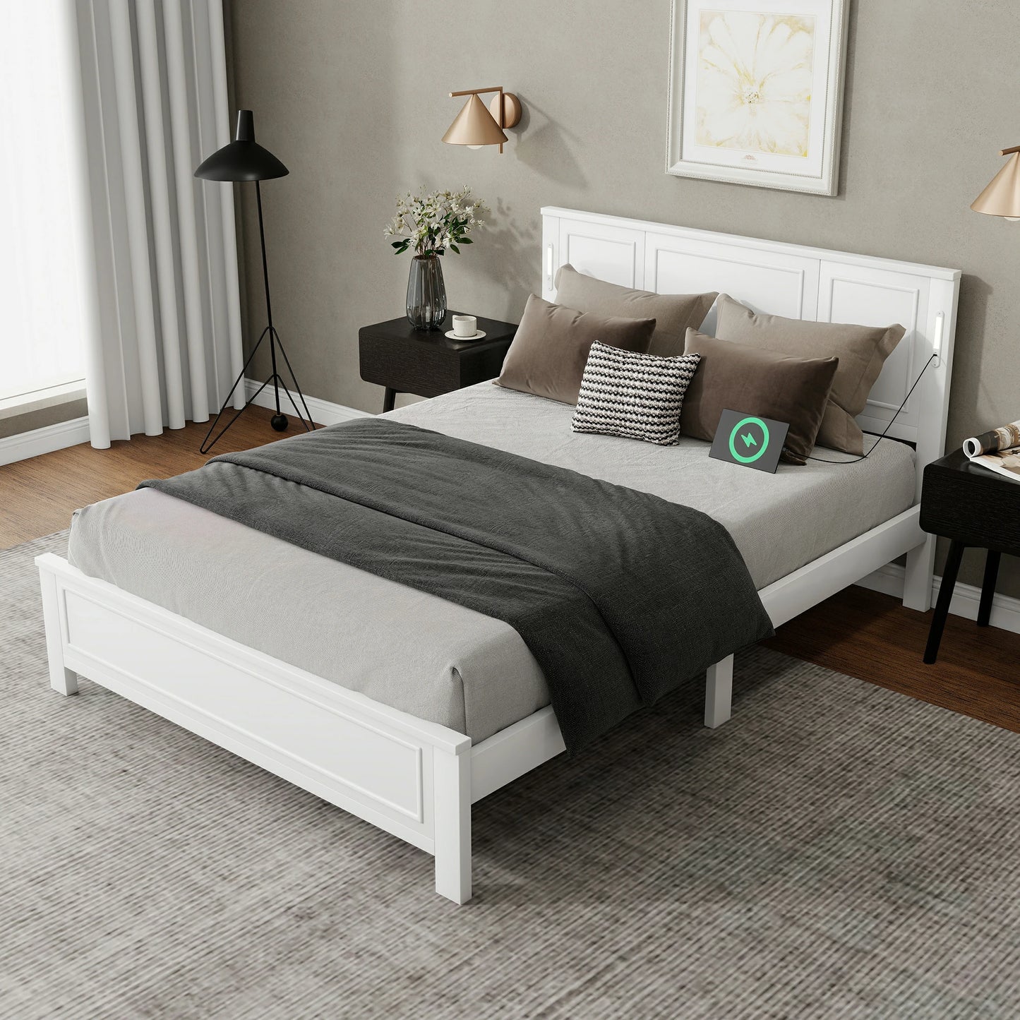 Mirightone™ Queen Size Bed with LED Lights and USB Charging Station