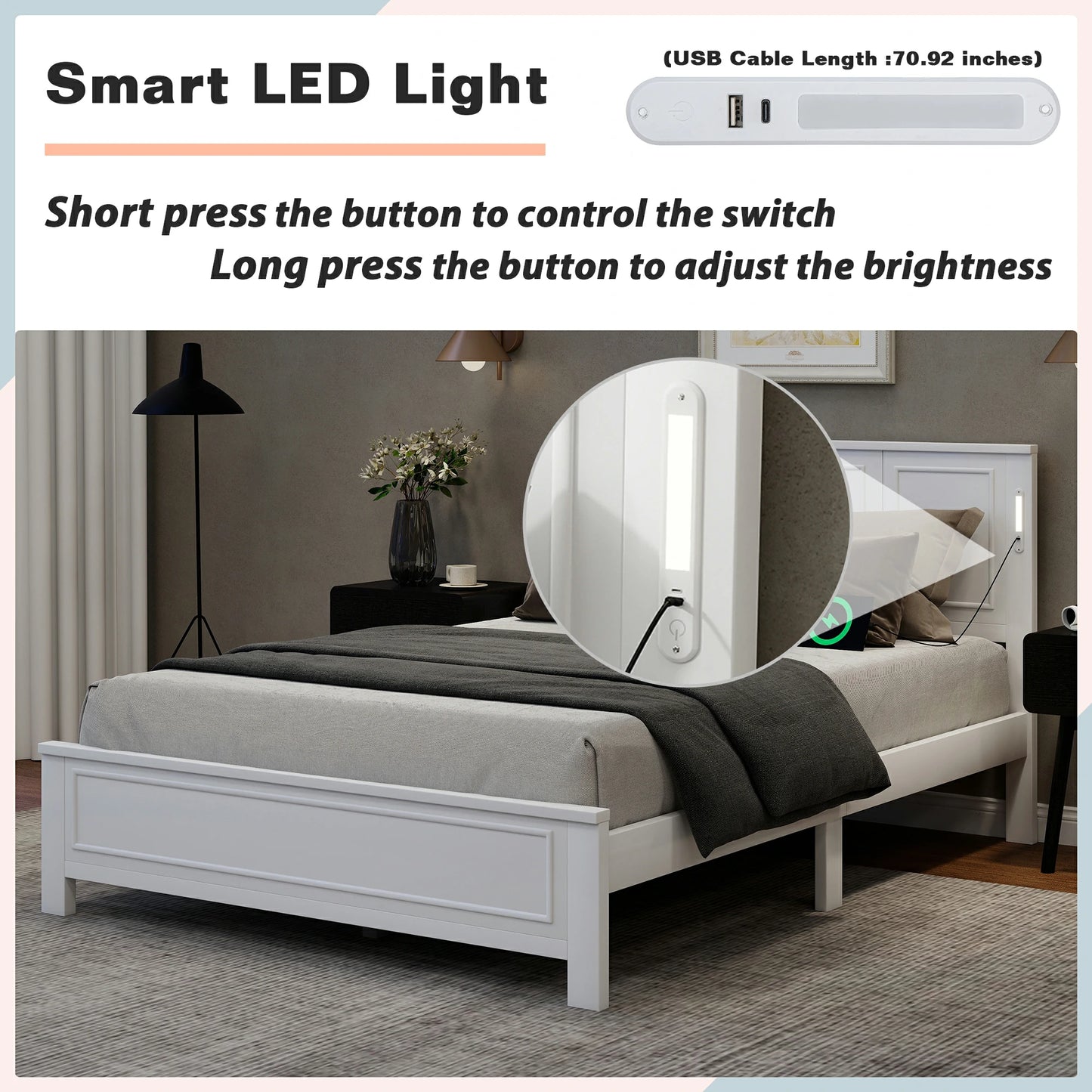 Mirightone™ Queen Size Bed with LED Lights and USB Charging Station