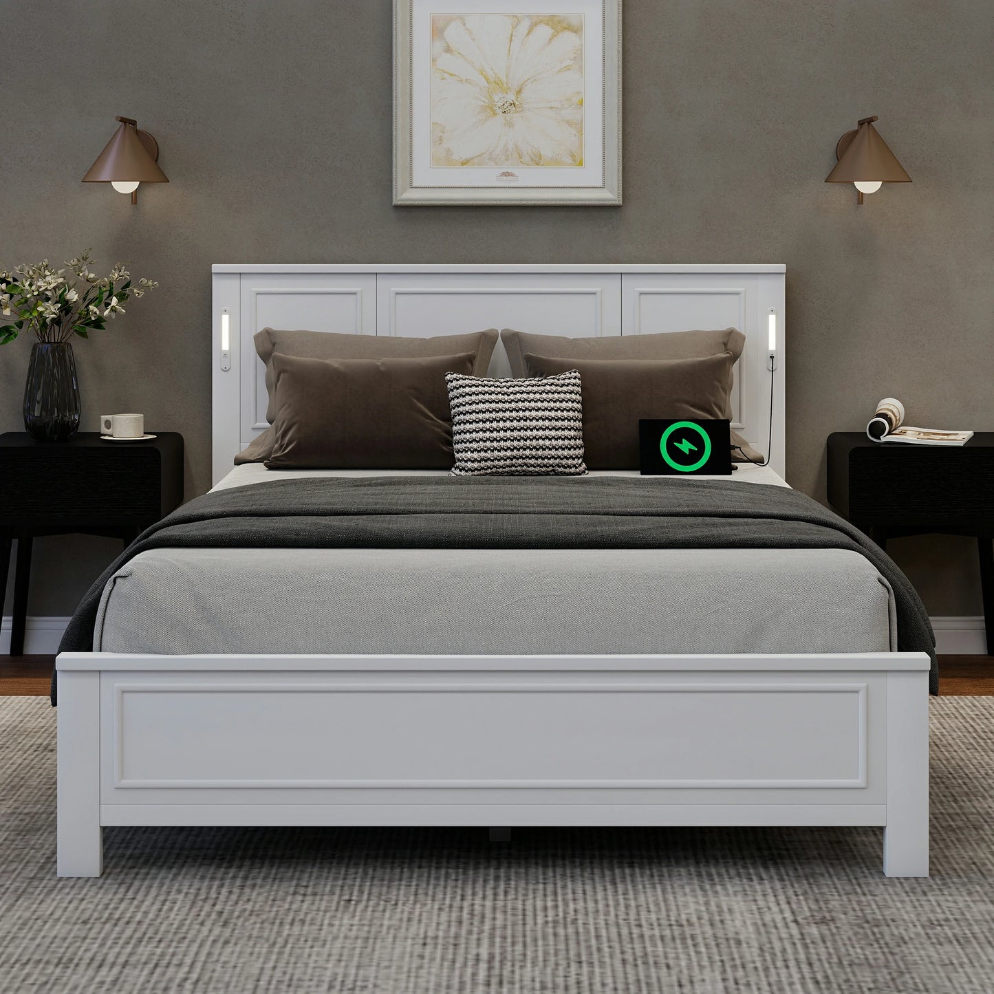Mirightone™ Queen Size Bed with LED Lights and USB Charging Station