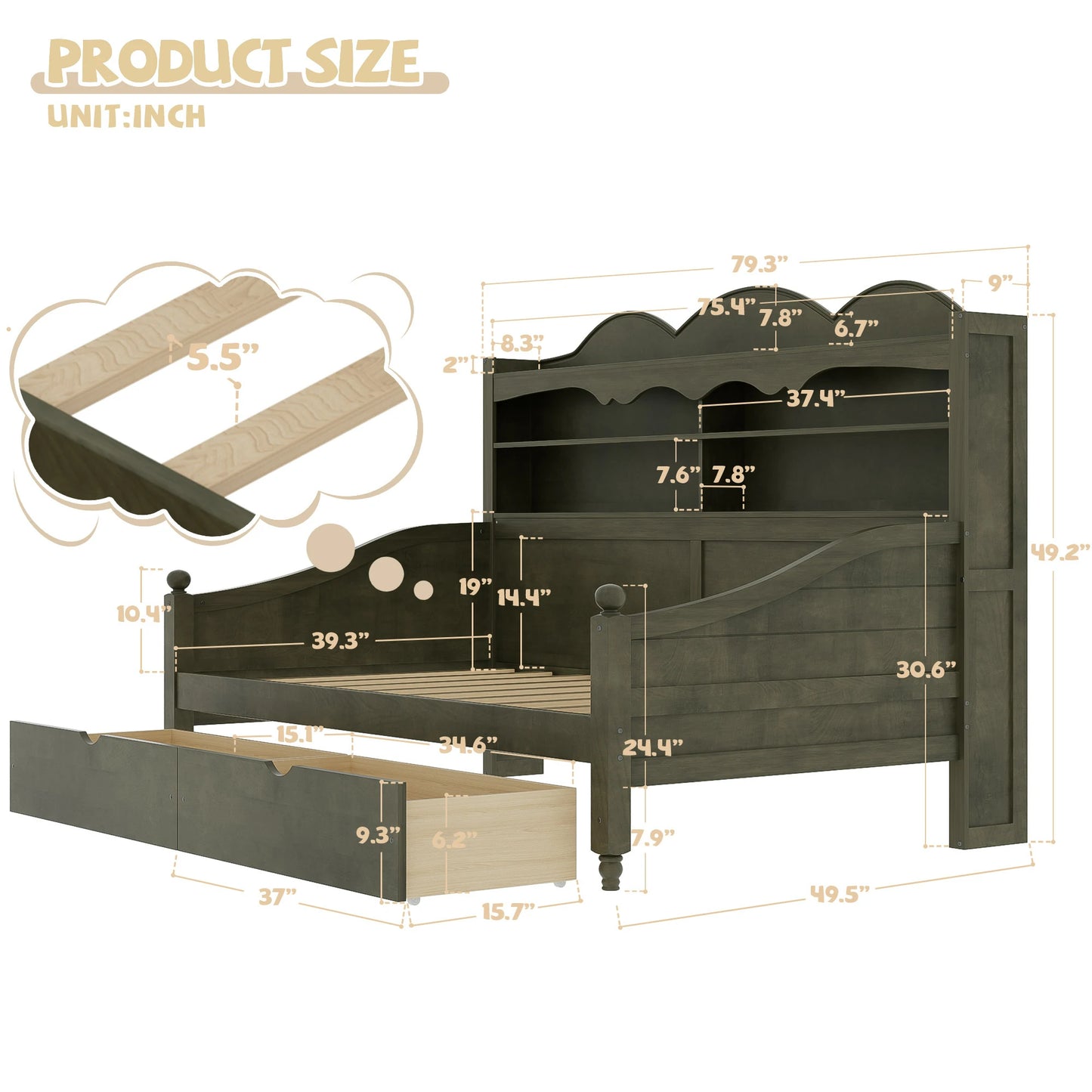 Detailed_dimension_image_of_a_twin_size_wooden_daybed_with_a_storage_headboard_open_shelves_and_two_pull-out_drawers._The_product_size_diagram_shows_overall_bed_measurements_d