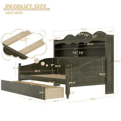 Detailed_dimension_image_of_a_twin_size_wooden_daybed_with_a_storage_headboard_open_shelves_and_two_pull-out_drawers._The_product_size_diagram_shows_overall_bed_measurements_d