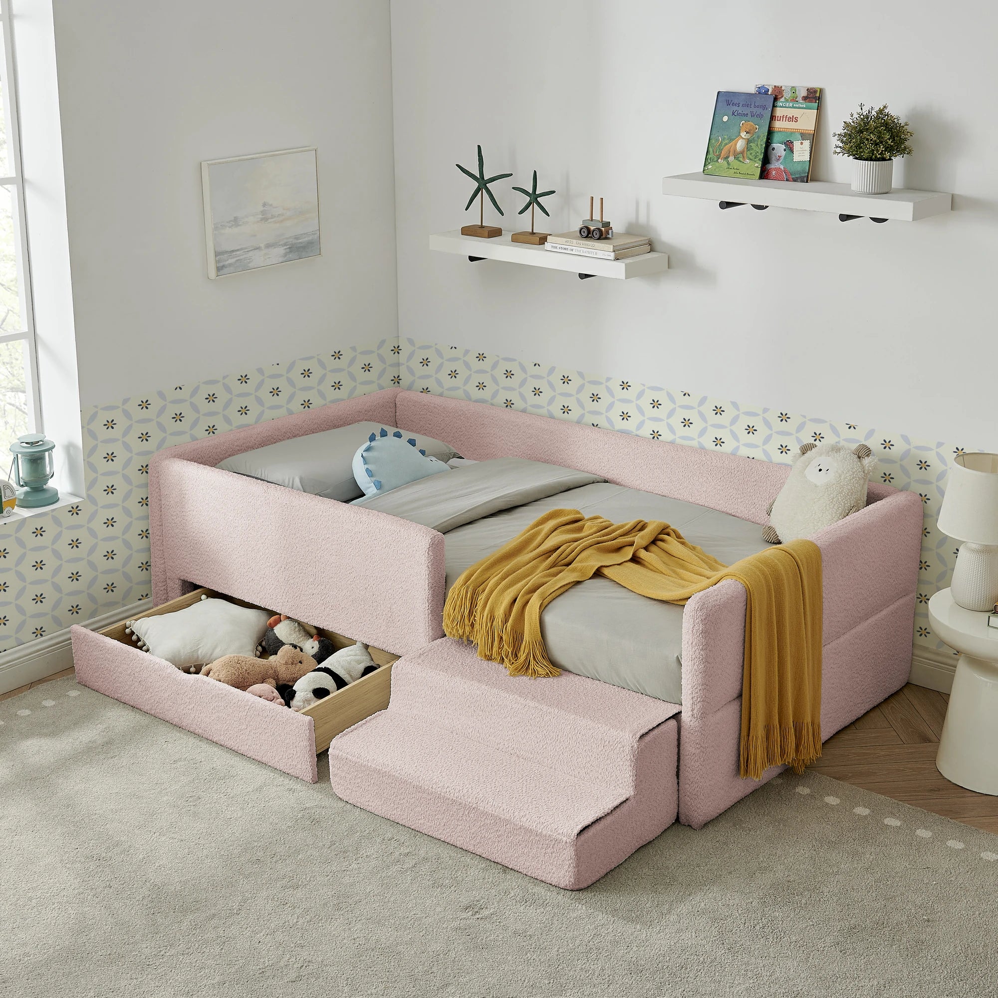 Detaileddimensiondiagramofthekidsbedframe_includingoverallsize_drawerspace_andstepstoolmeasurementsforaccurateplanning.