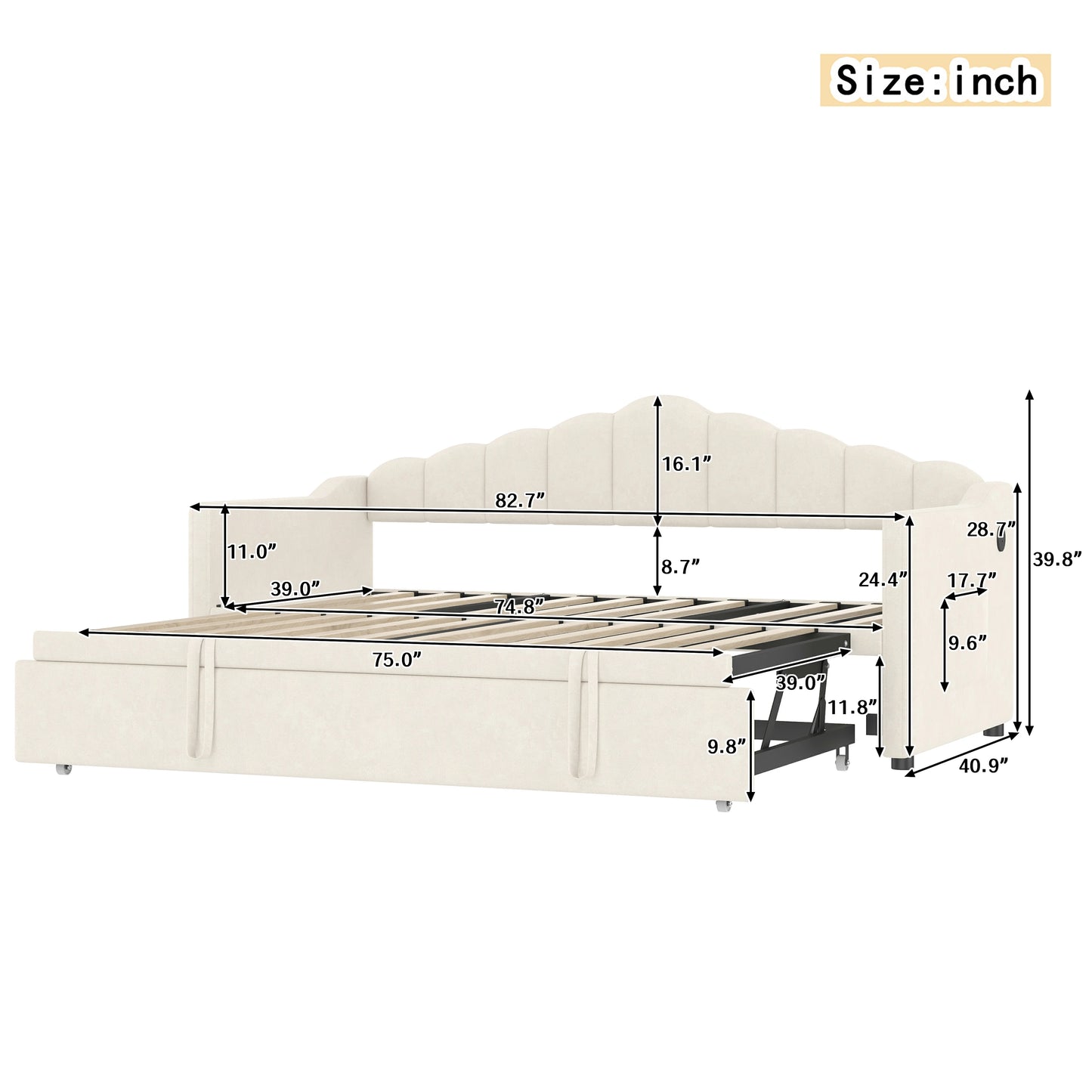 Detailedsizechartofupholsteredtwindaybedwithtrundle_helpingyouplanyourspacewithprecision.