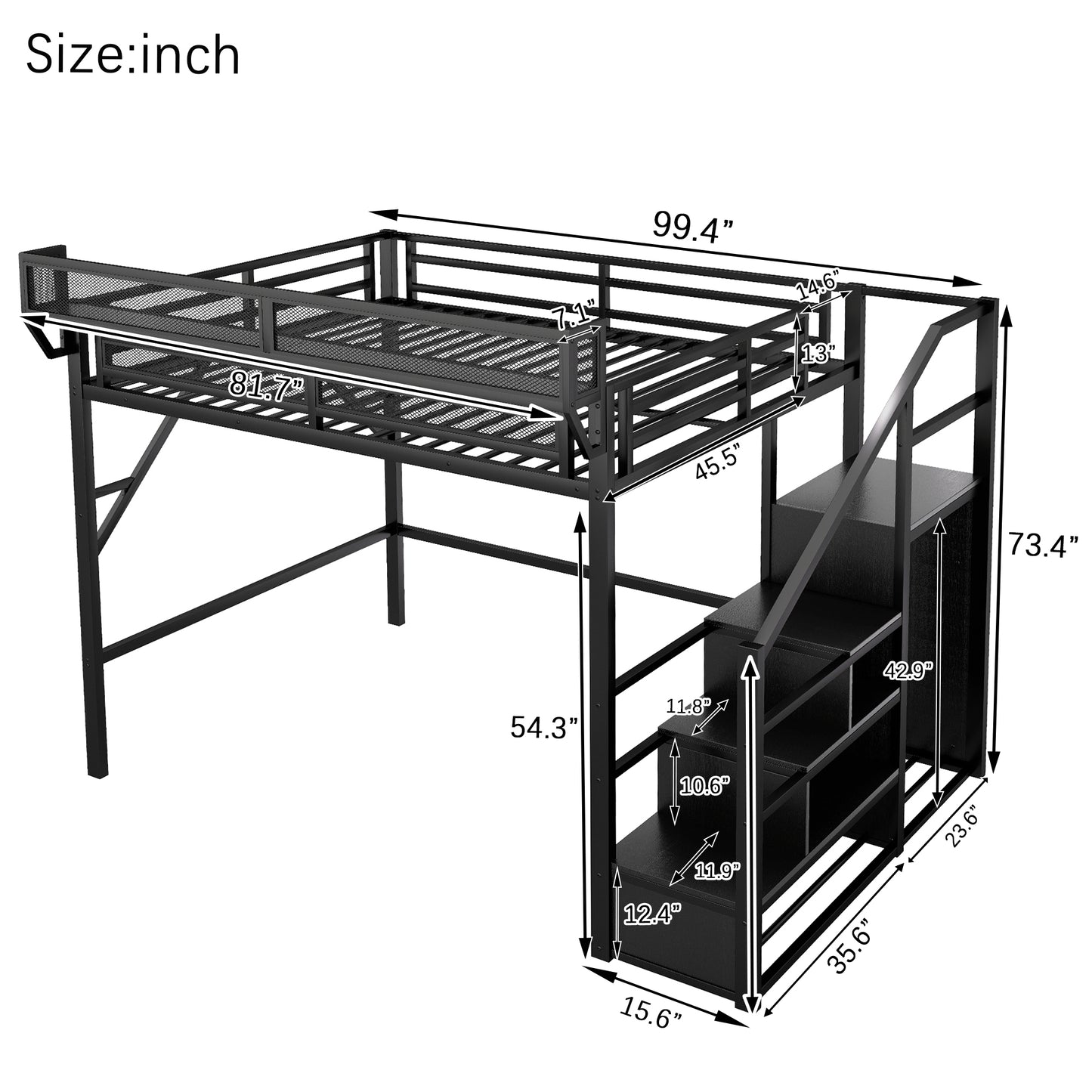 Mirightone Full Size Loft Bed with Stairs, Metal Loft Beds Full with Storage Shelves, Adults Loft Bed with Wardrobe, Heavy Duty High Lofted Bed,Convertible Staircase,black