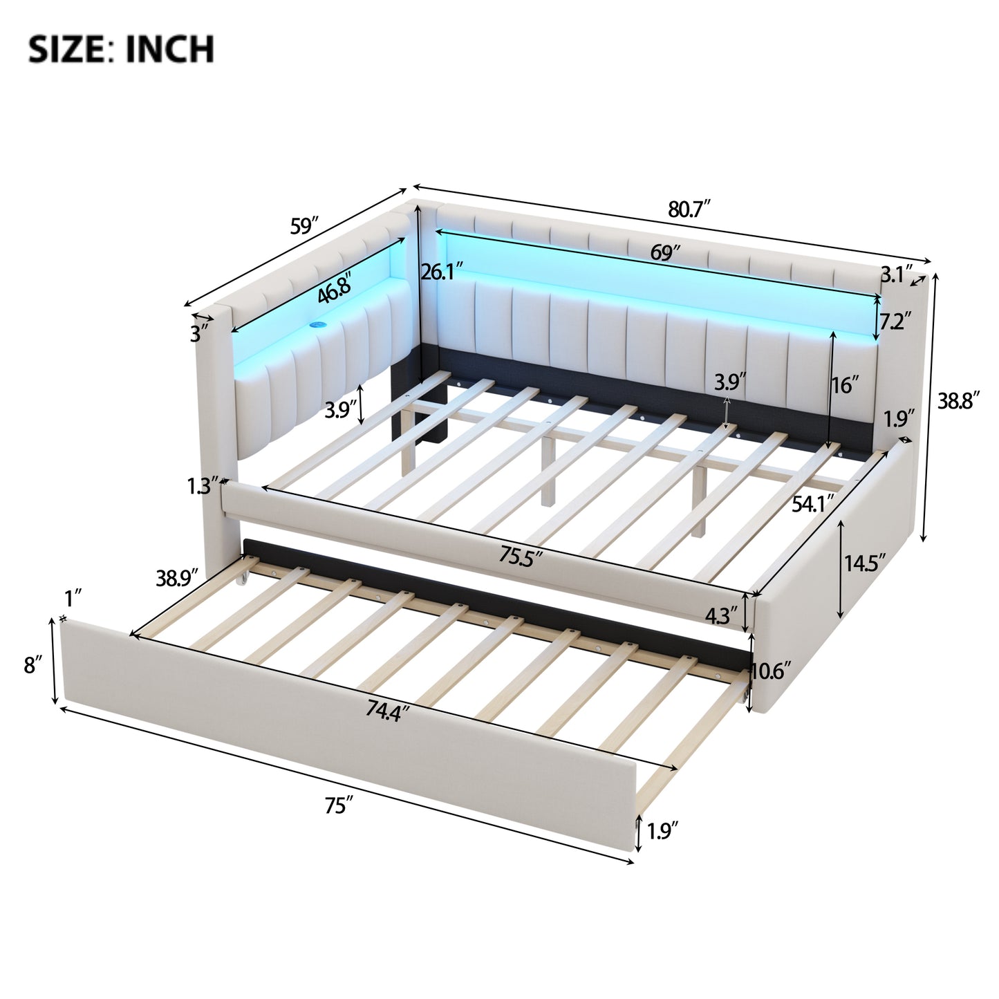 Mirightone™ Upholstered Daybed with Desk and Storage, Corner Bed with LED Light & Charging Station for Adults Teens Kids