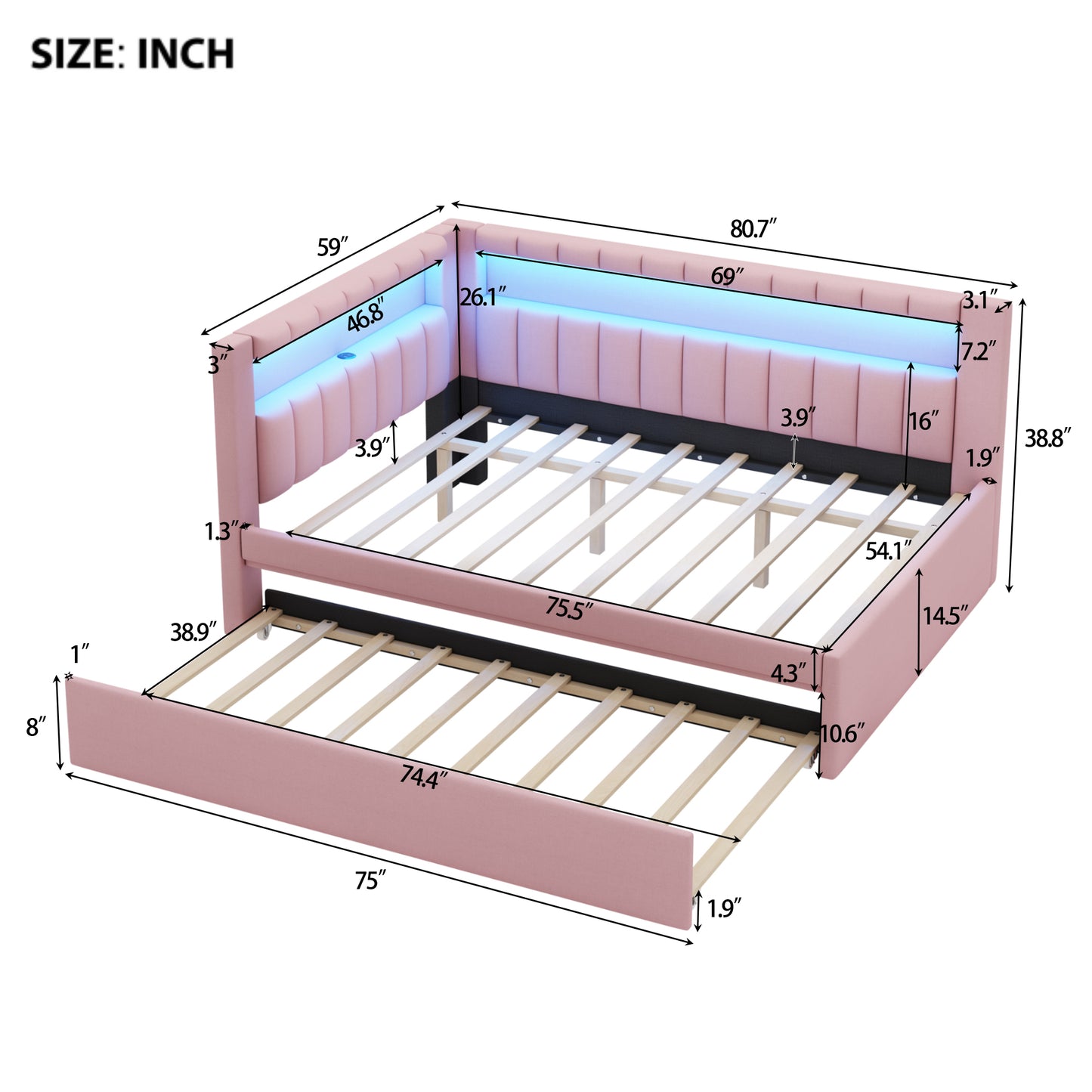 Mirightone™ Upholstered Daybed with Desk and Storage, Corner Bed with LED Light & Charging Station for Adults Teens Kids