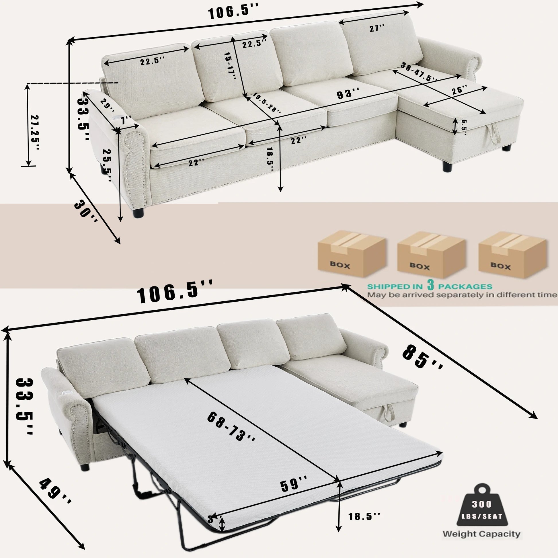 Dimensionsofbeigesectionalsleepersofawithpull-outbed_chaiselounge_andweightcapacityinformation