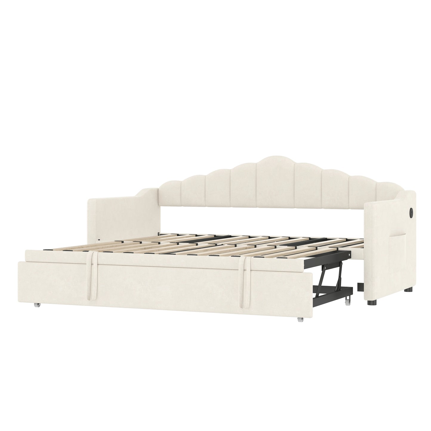 Easypull-outtrundlebedwithadjustableheightforseamlesssleepingsurfaceorseparatetwinbeduse.