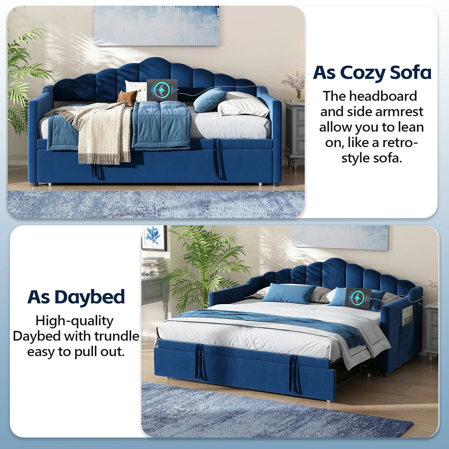 Elegantbluevelvetdaybedwithpop-uptrundle_built-inchargingstationandstoragepocket_idealforspace-savingbedrooms.