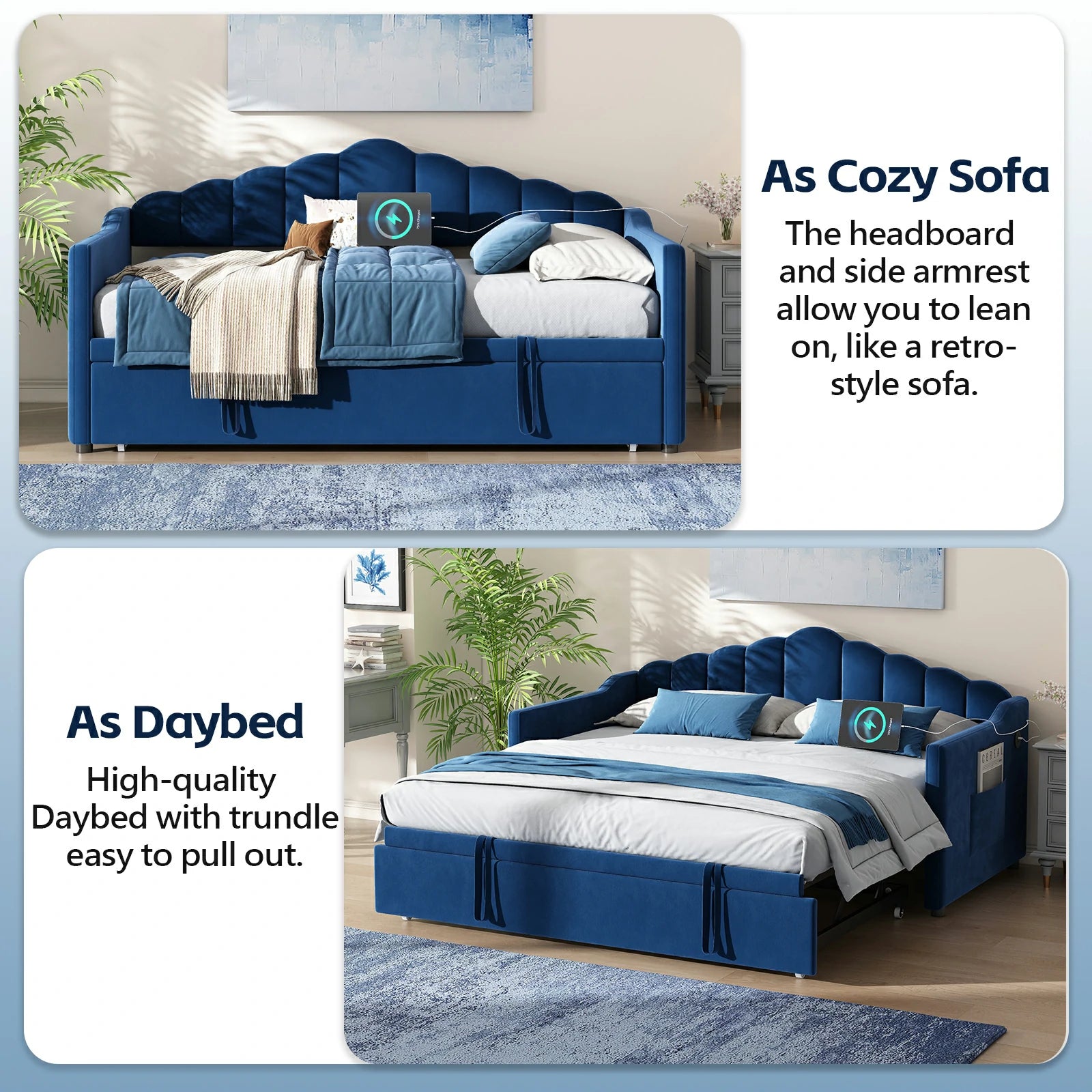 Elegantbluevelvetdaybedwithpop-uptrundle_built-inchargingstationandstoragepocket_idealforspace-savingbedrooms.