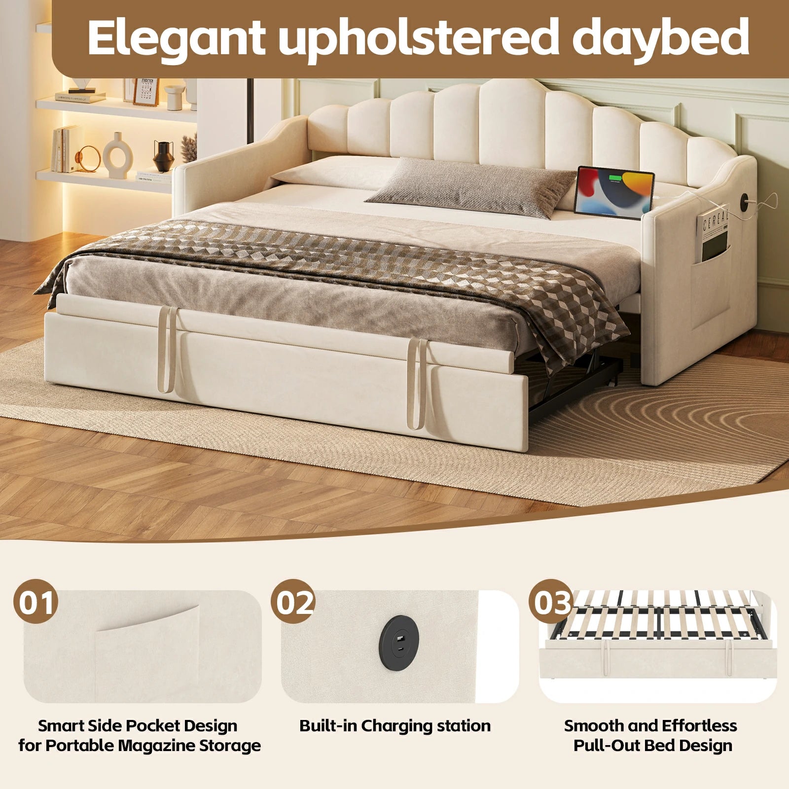 Elegantupholsteredtwindaybedwithpopuptrundle_velvetfabric_built-inUSBchargingportandsidestoragepocketformodernbedroom